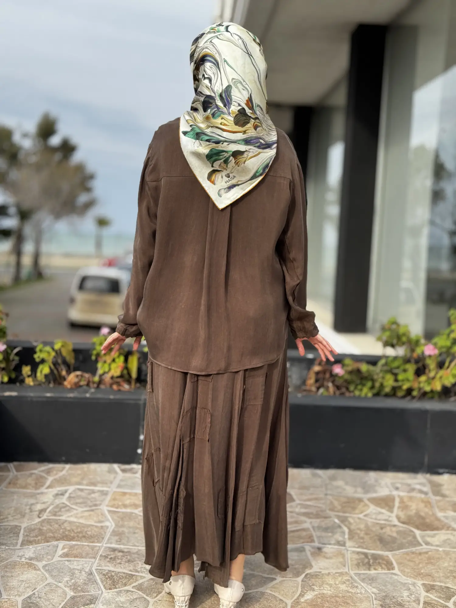 Misswhence Parça Kumaş Kombinli Cupra İpek Gömlek Etek Takım 39304