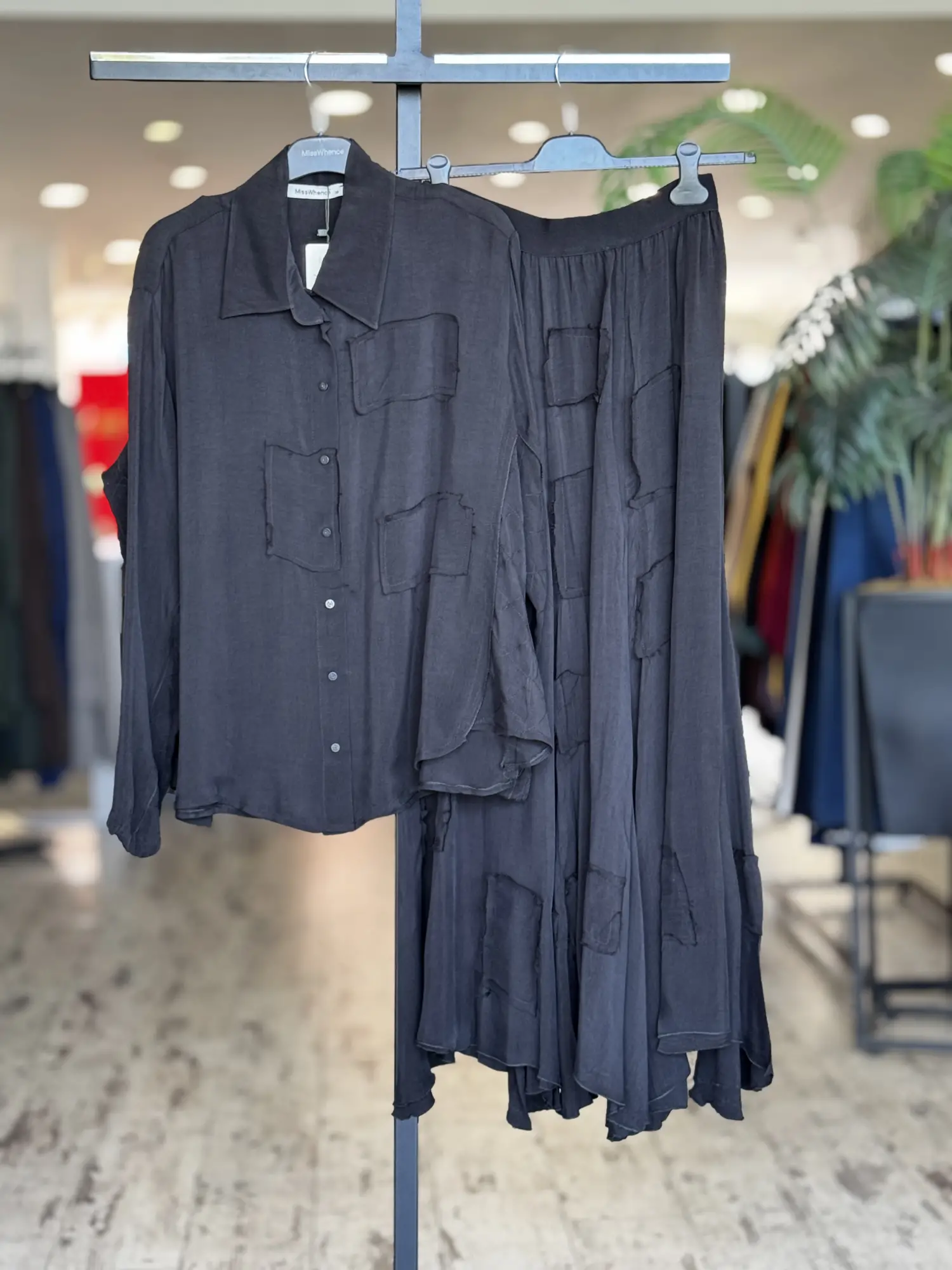 Misswhence Parça Kumaş Kombinli Cupra İpek Gömlek Etek Takım 39304