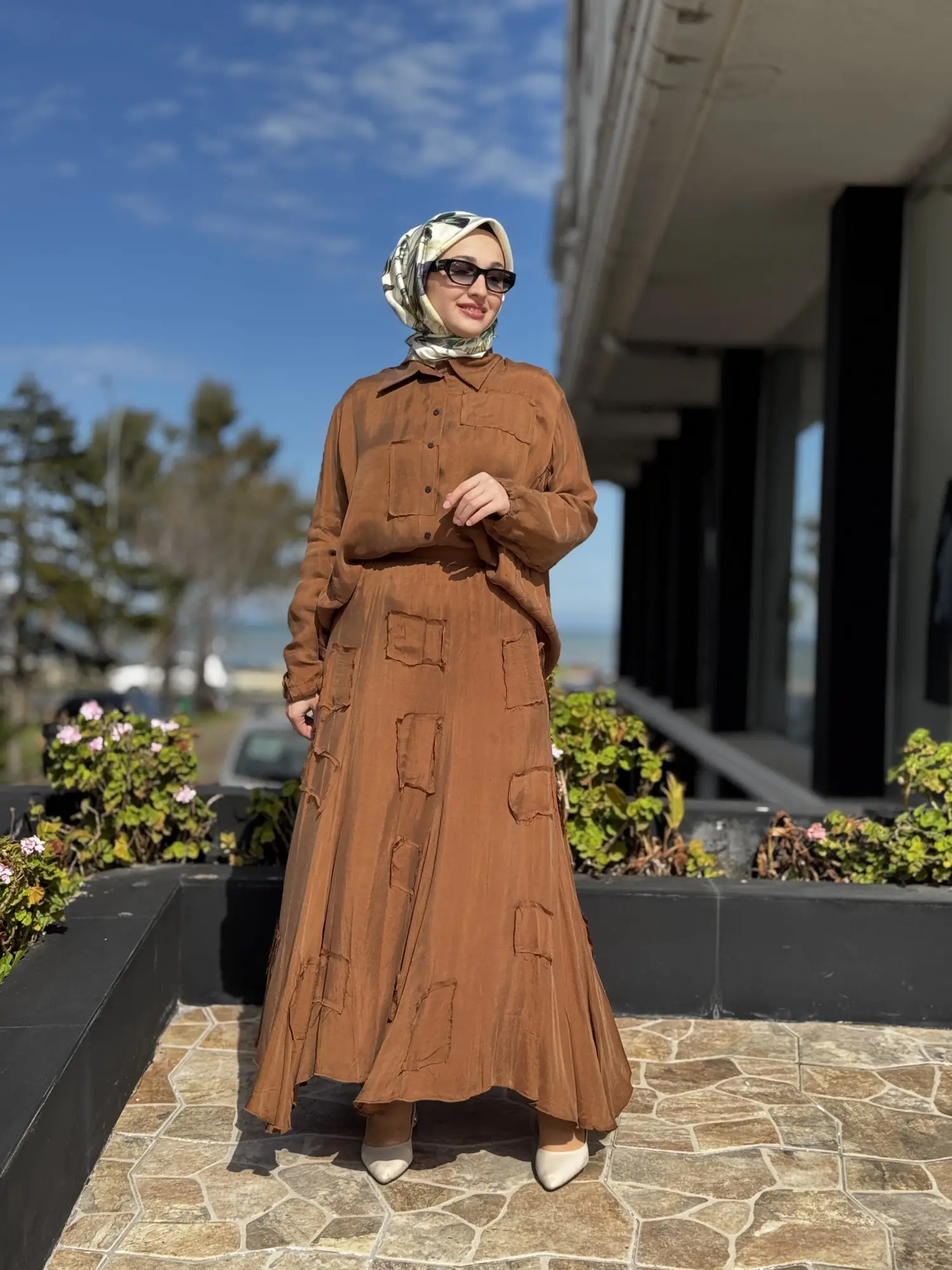 Misswhence Parça Kumaş Kombinli Cupra İpek Gömlek Etek Takım 39304