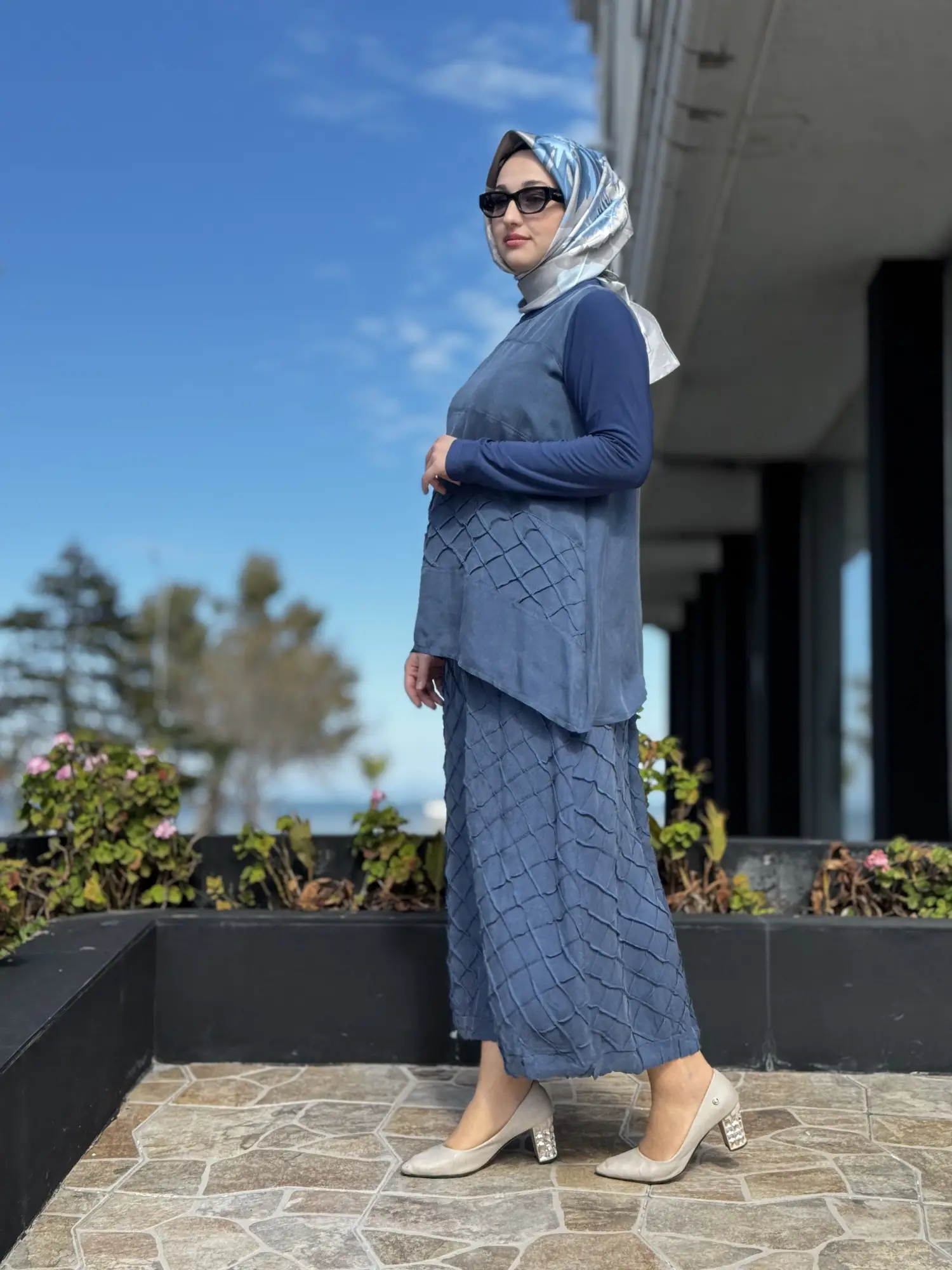 Misswhence Üç Boyutlu Dikiş Detaylı Cupra İpek Etek Bluz Takım 39002