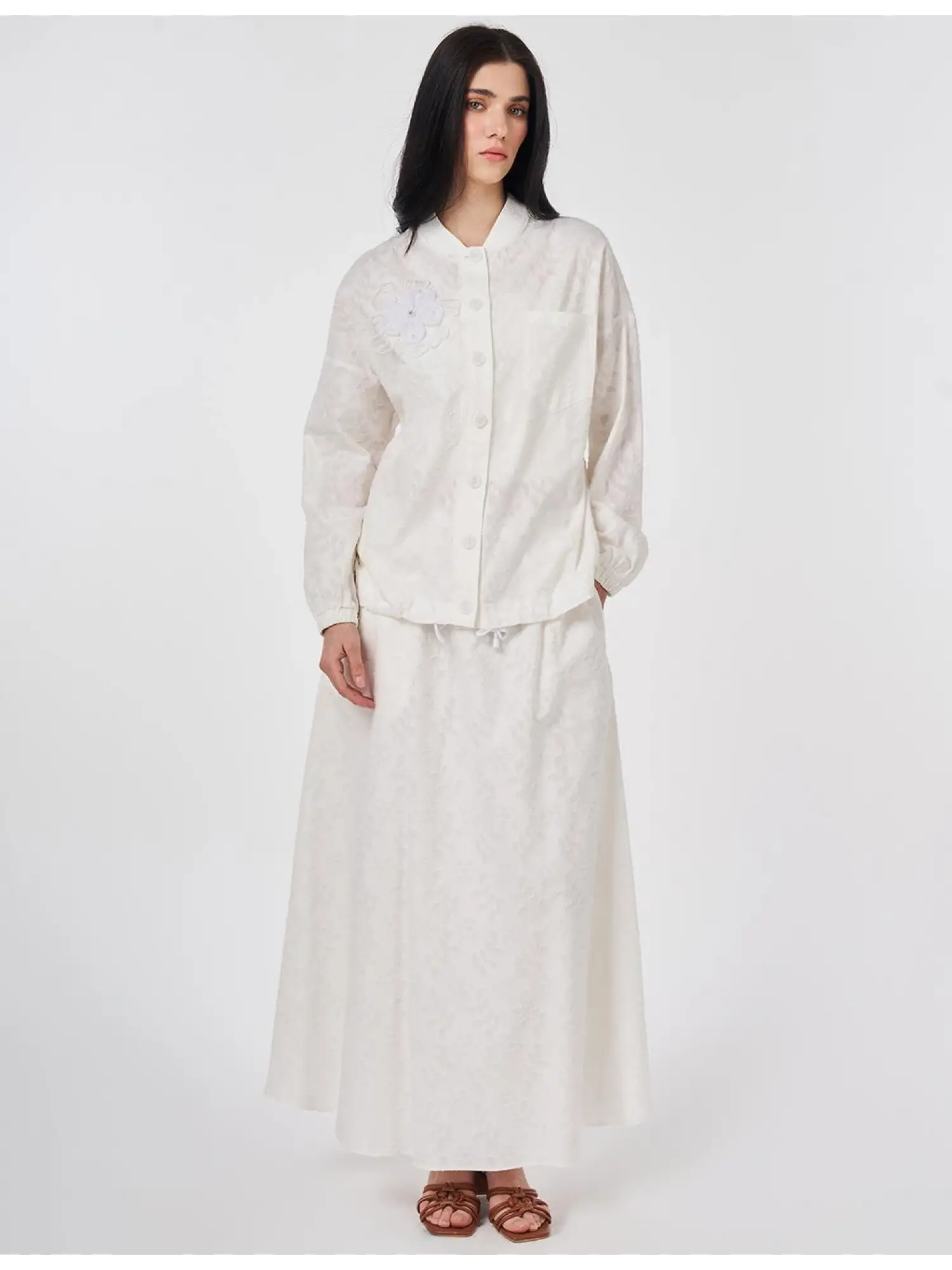 Kayra Kabartma Desenli Naturel Ceket Etek Takım KA16009