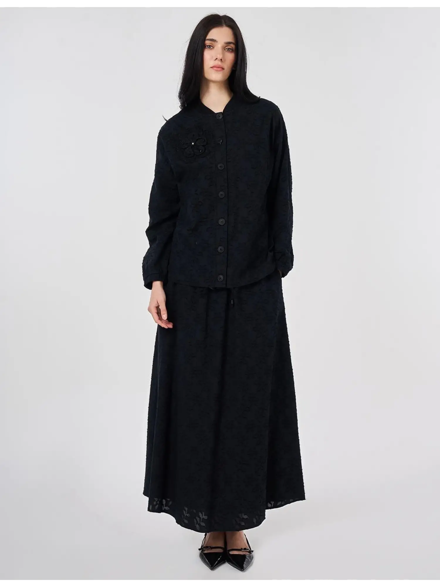 Kayra Kabartma Desenli Naturel Ceket Etek Takım KA16009