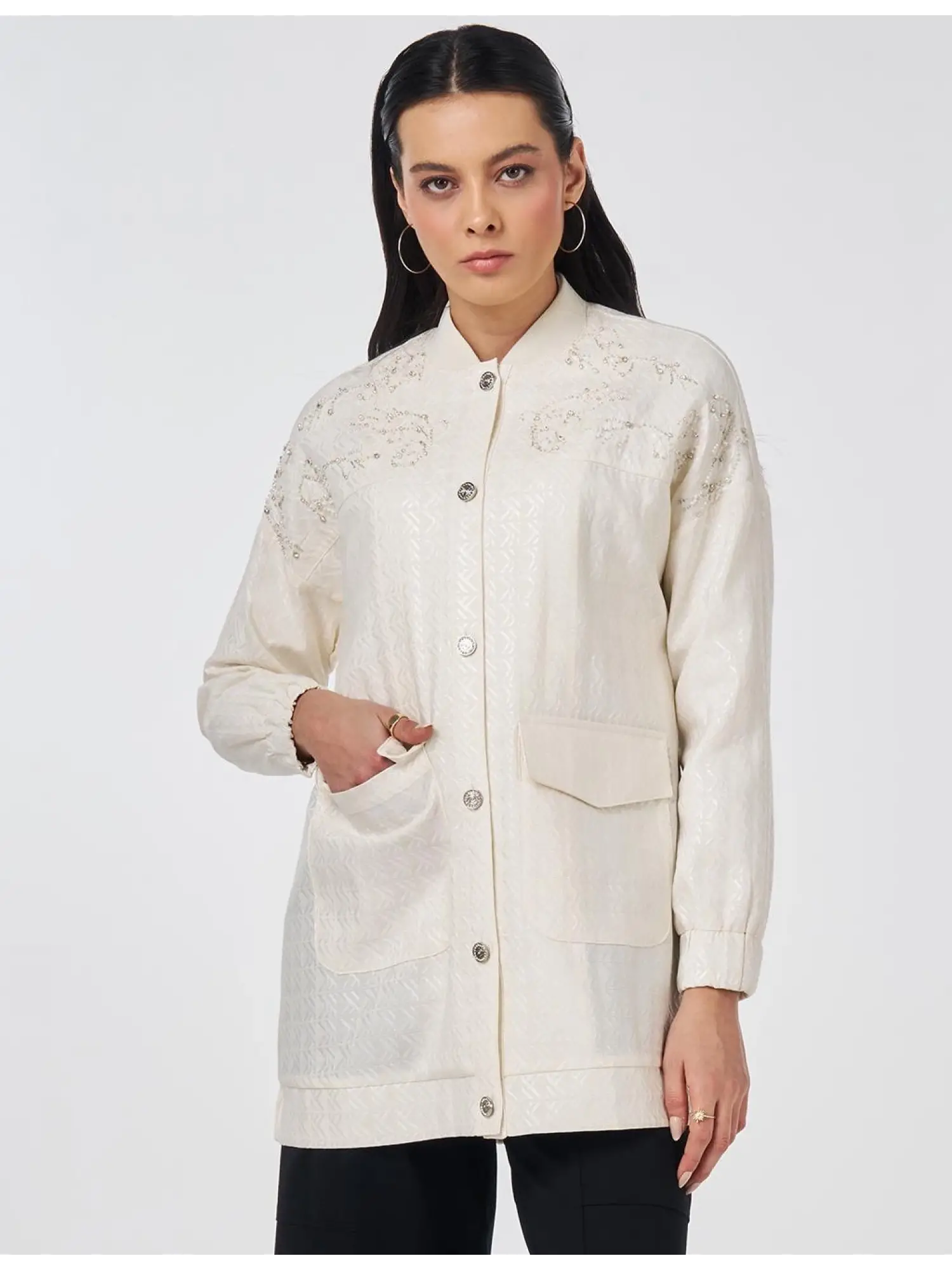Kayra Taş Detaylı Jakarlı Düğmeli Şık Ceket KA13012
