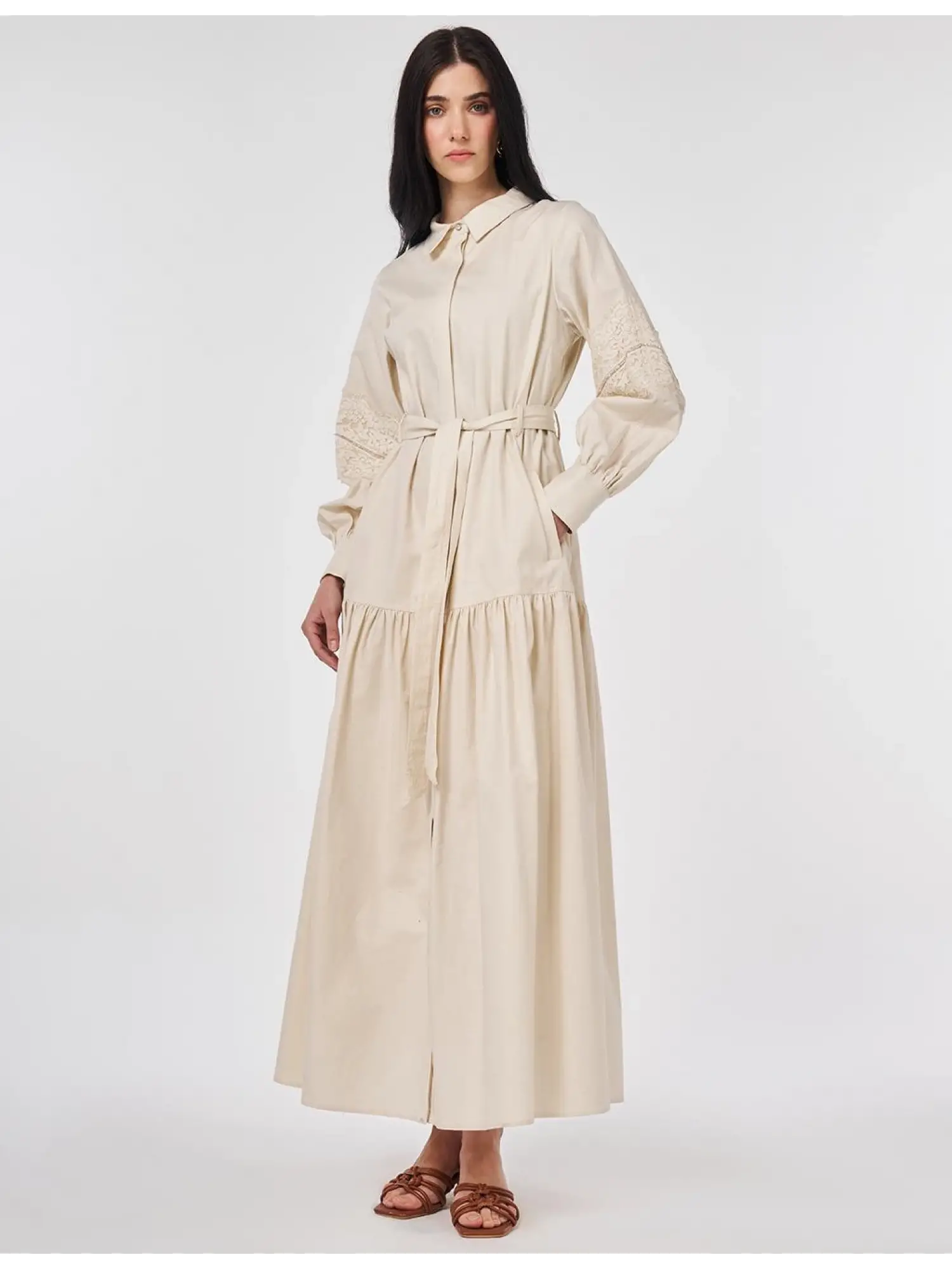 Kayra Kolları Güpür Detaylı Düğmeli Gömlek Elbise KA83002