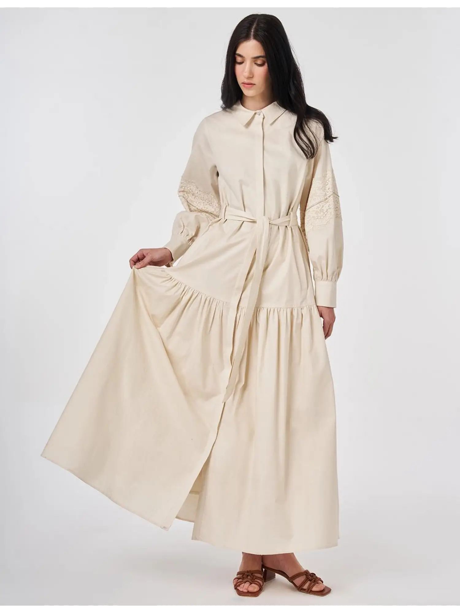 Kayra Kolları Güpür Detaylı Düğmeli Gömlek Elbise KA83002