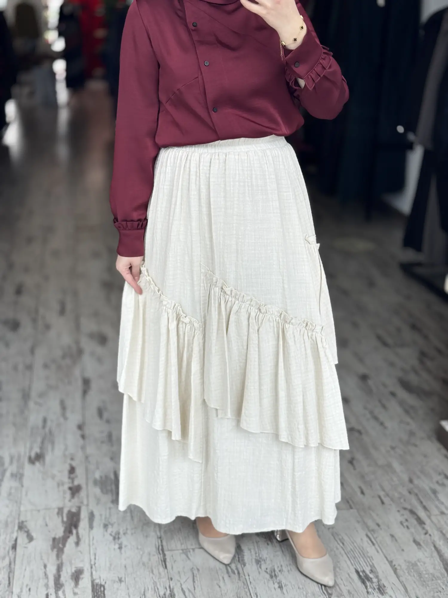 Kayra Parça Detaylı Beli Lastikli Keten Etek KA12091