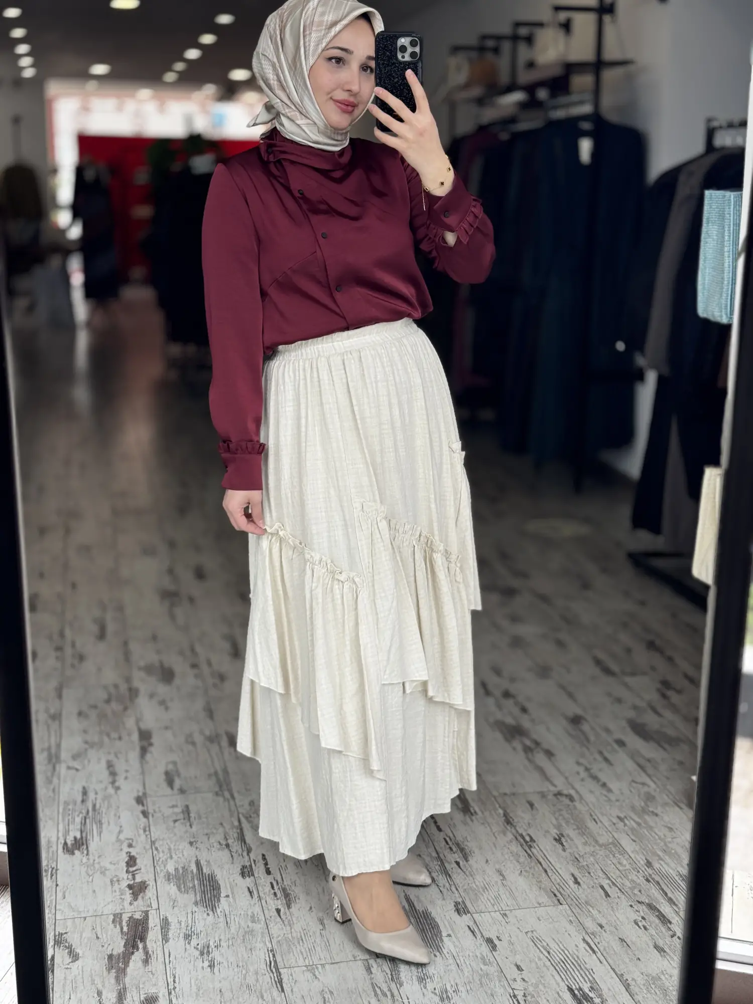 Kayra Parça Detaylı Beli Lastikli Keten Etek KA12091