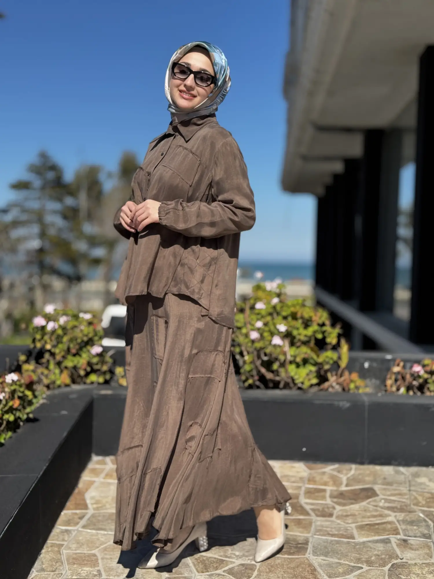 Misswhence Parça Kumaş Kombinli Cupra İpek Gömlek Etek Takım 39304