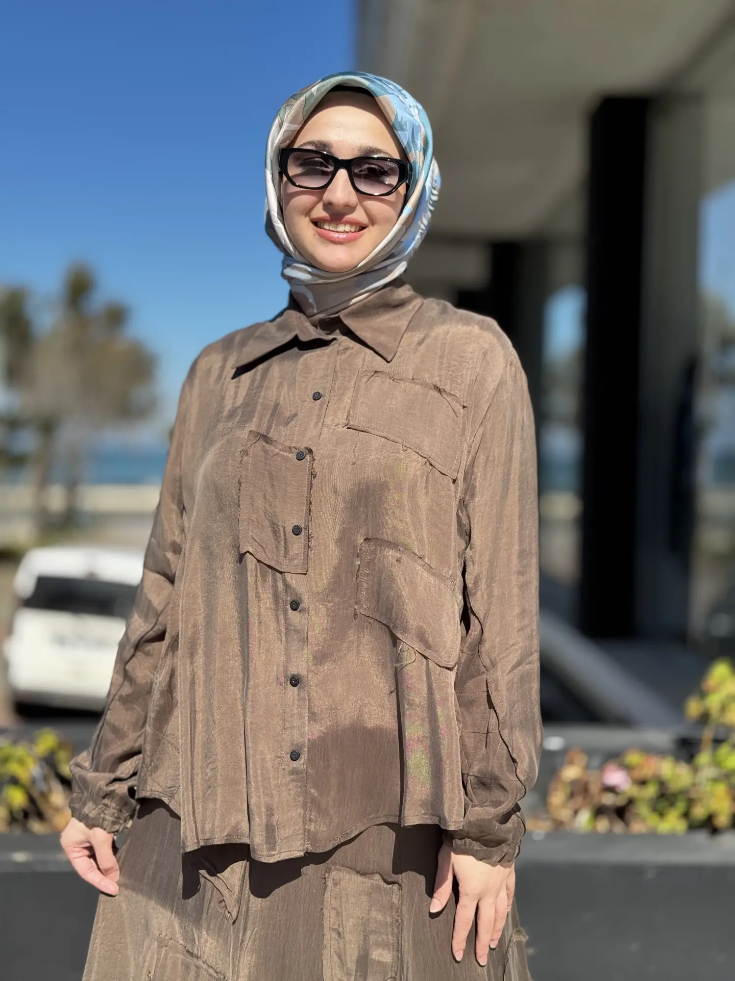 Misswhence Parça Kumaş Kombinli Cupra İpek Gömlek Etek Takım 39304