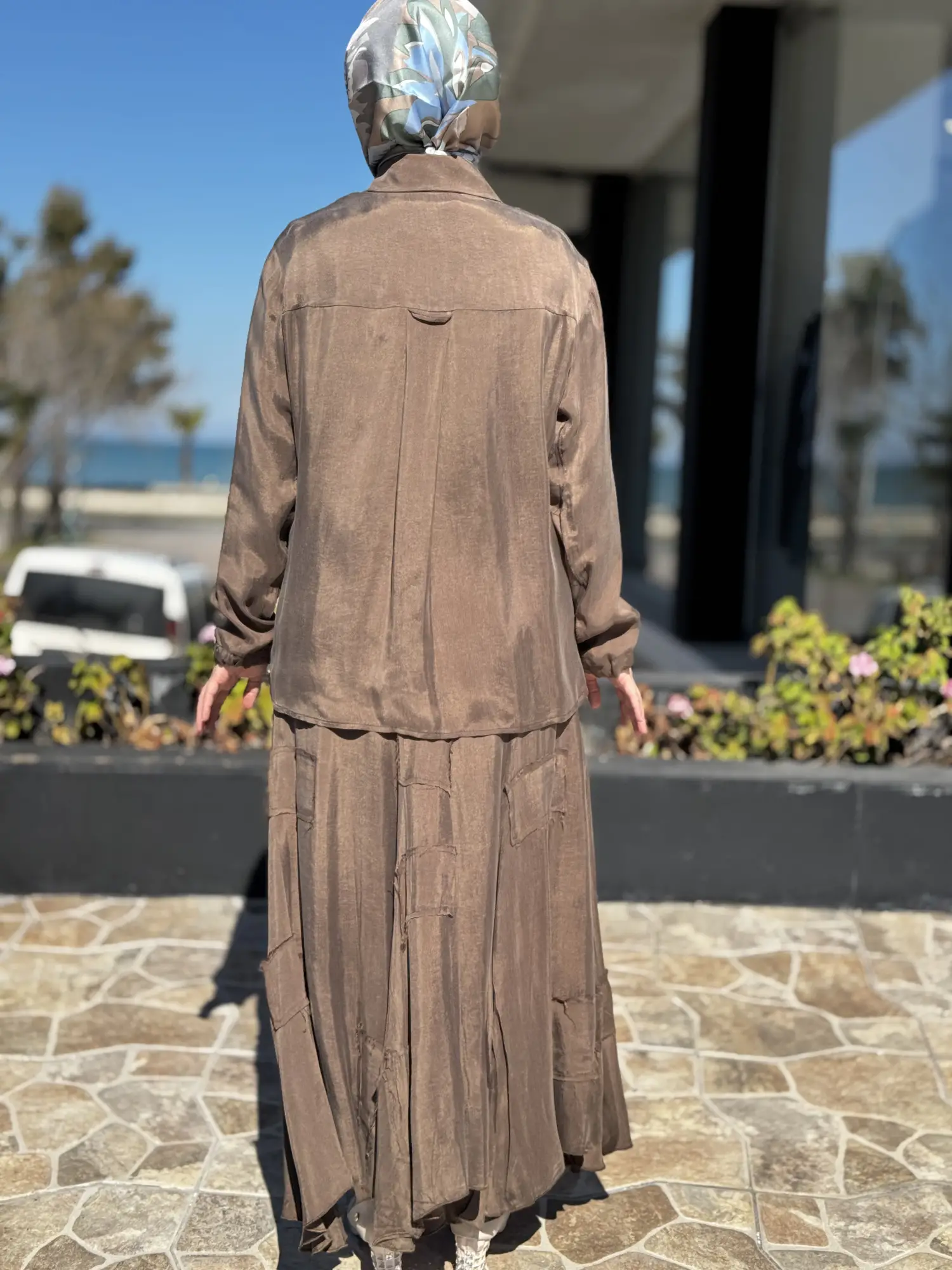 Misswhence Parça Kumaş Kombinli Cupra İpek Gömlek Etek Takım 39304