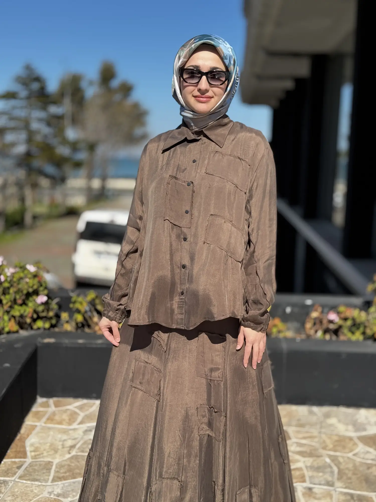 Misswhence Parça Kumaş Kombinli Cupra İpek Gömlek Etek Takım 39304