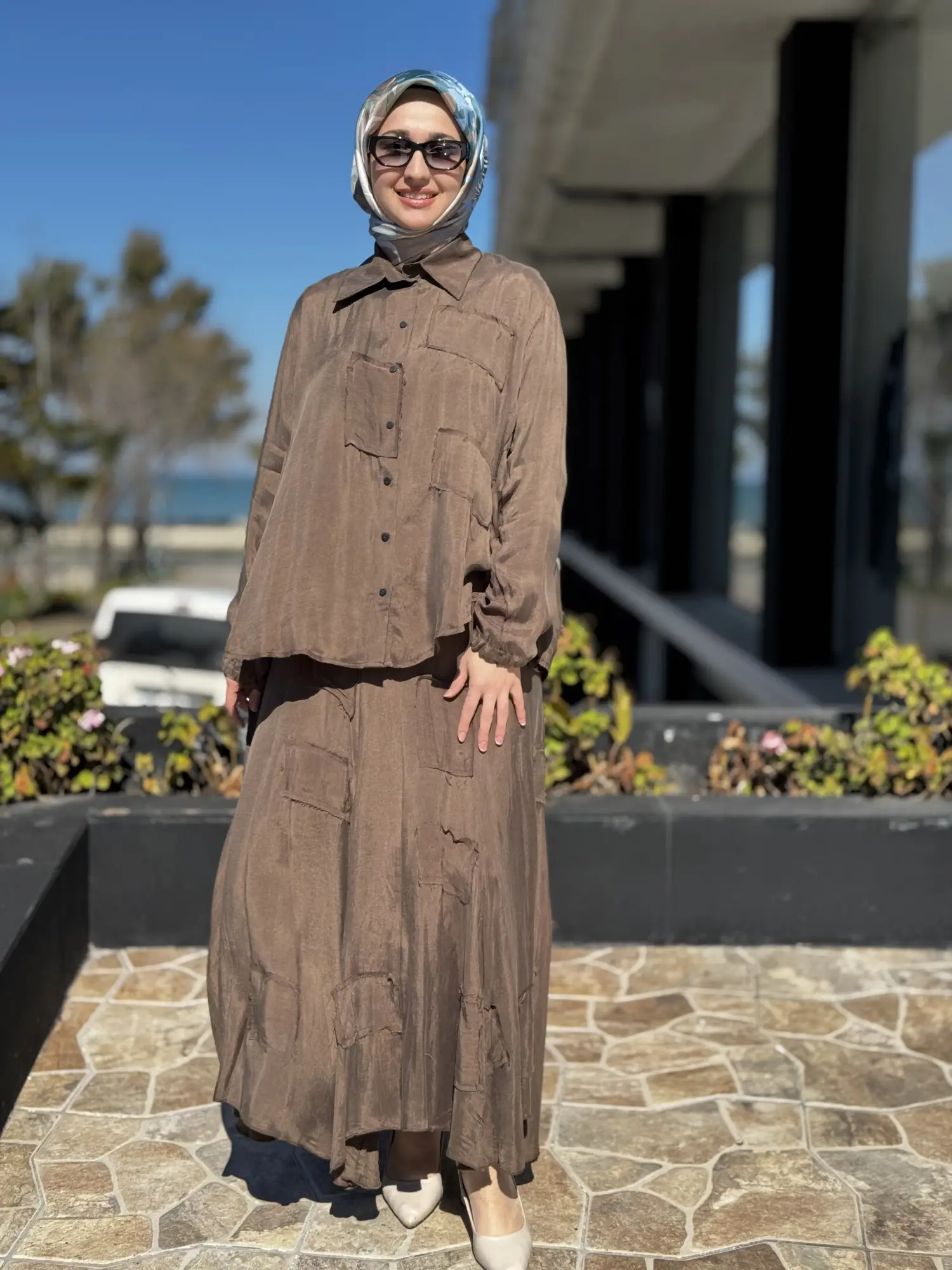 Misswhence Parça Kumaş Kombinli Cupra İpek Gömlek Etek Takım 39304