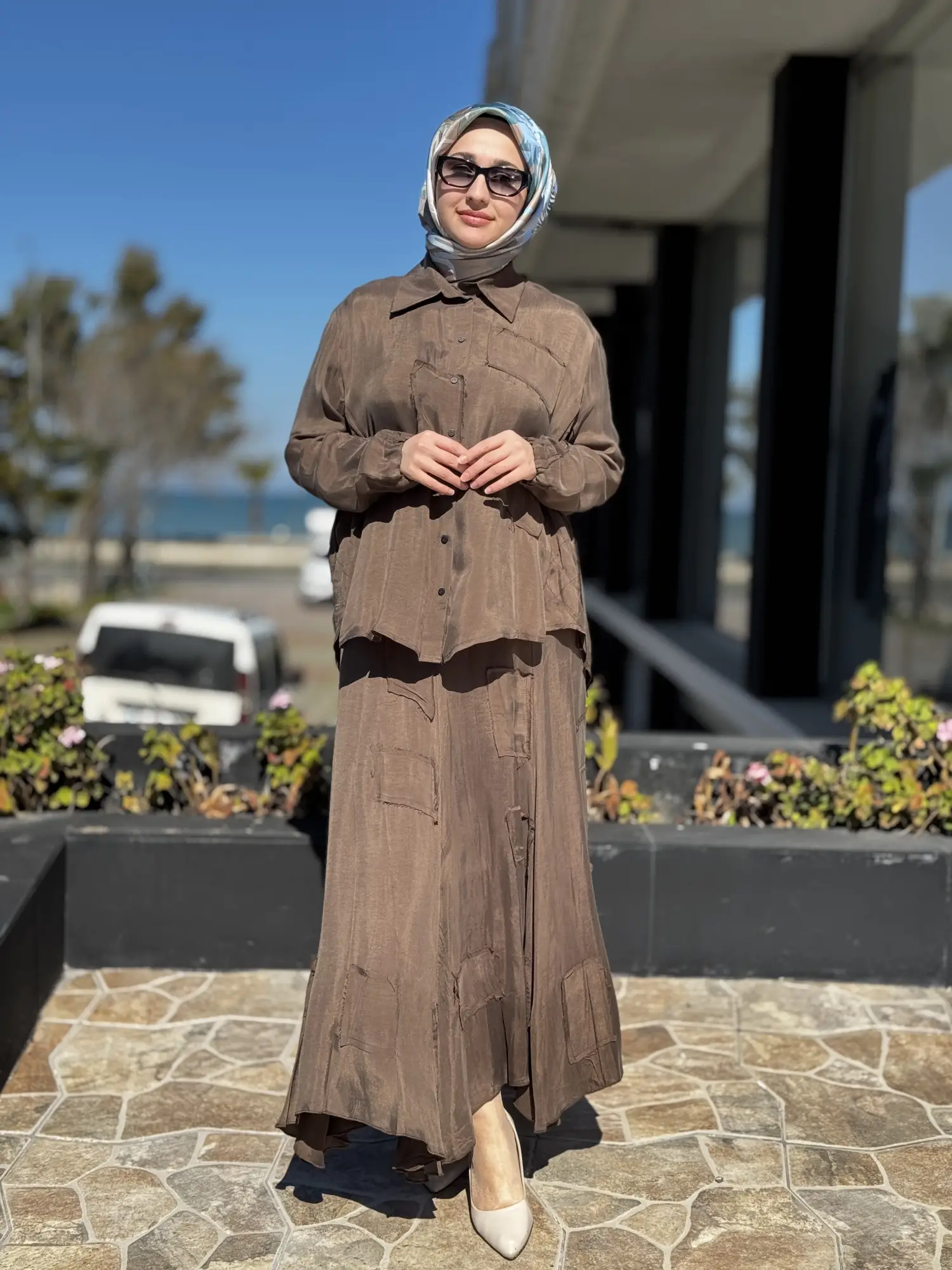 Misswhence Parça Kumaş Kombinli Cupra İpek Gömlek Etek Takım 39304