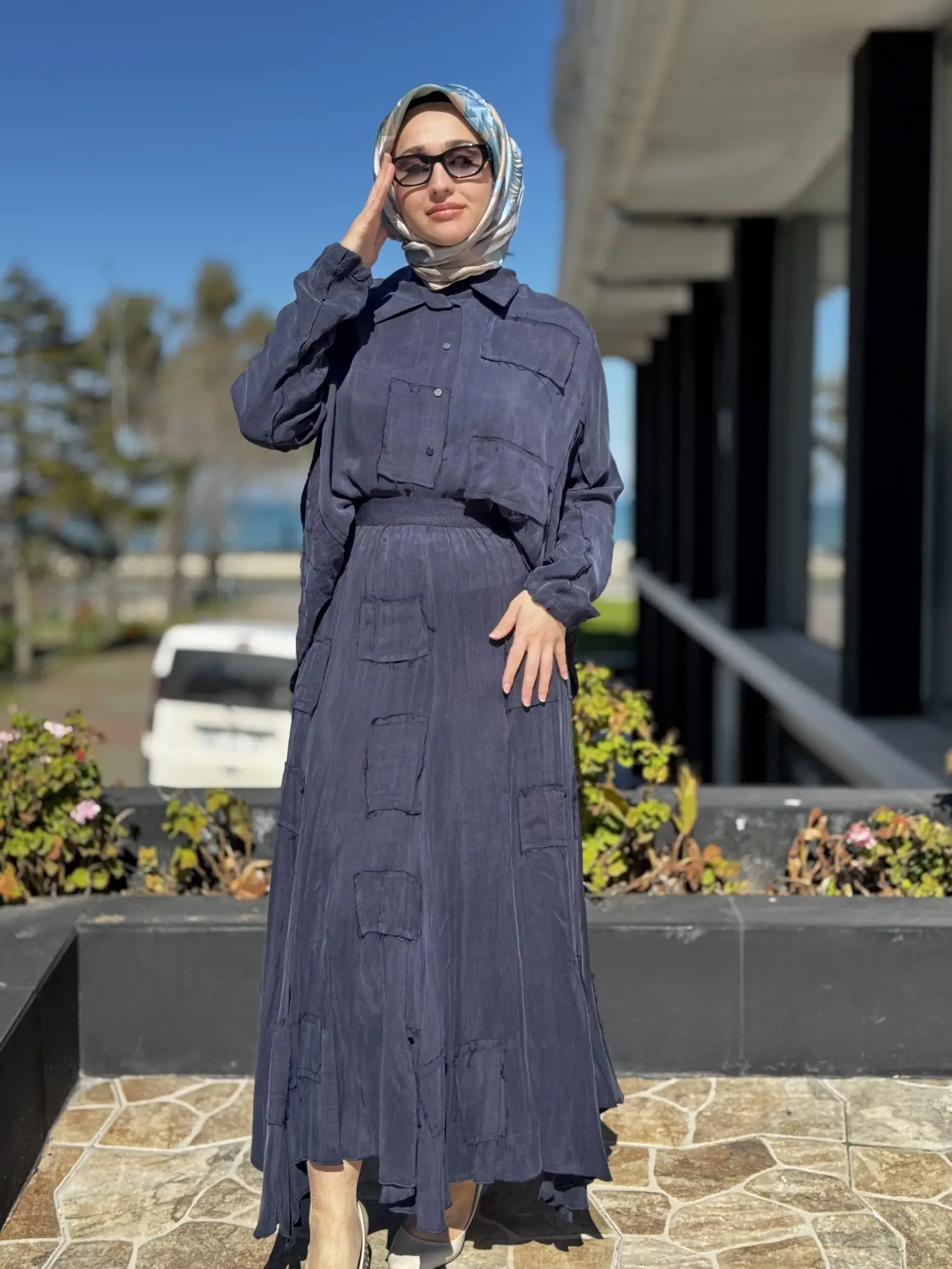 Misswhence Parça Kumaş Kombinli Cupra İpek Gömlek Etek Takım 39304