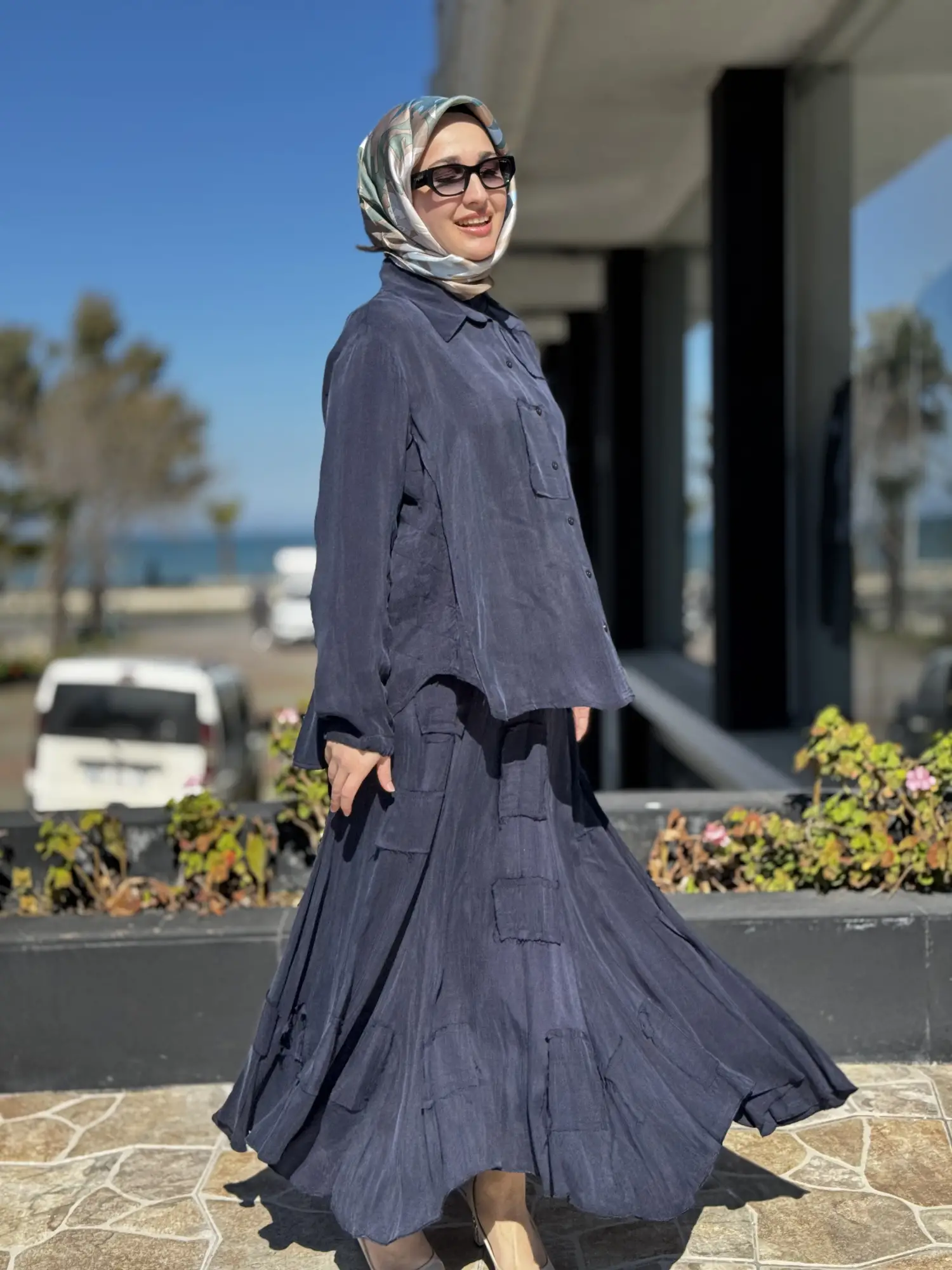 Misswhence Parça Kumaş Kombinli Cupra İpek Gömlek Etek Takım 39304