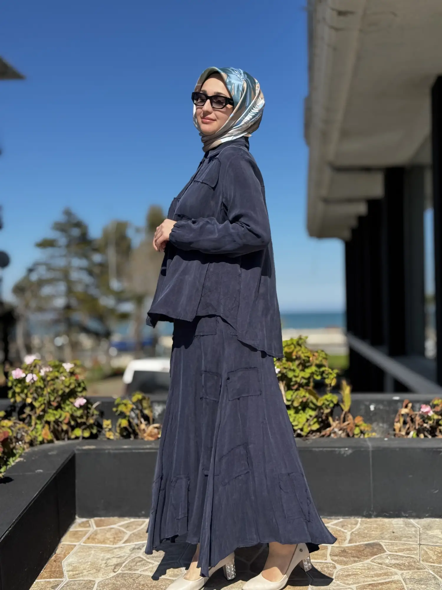 Misswhence Parça Kumaş Kombinli Cupra İpek Gömlek Etek Takım 39304