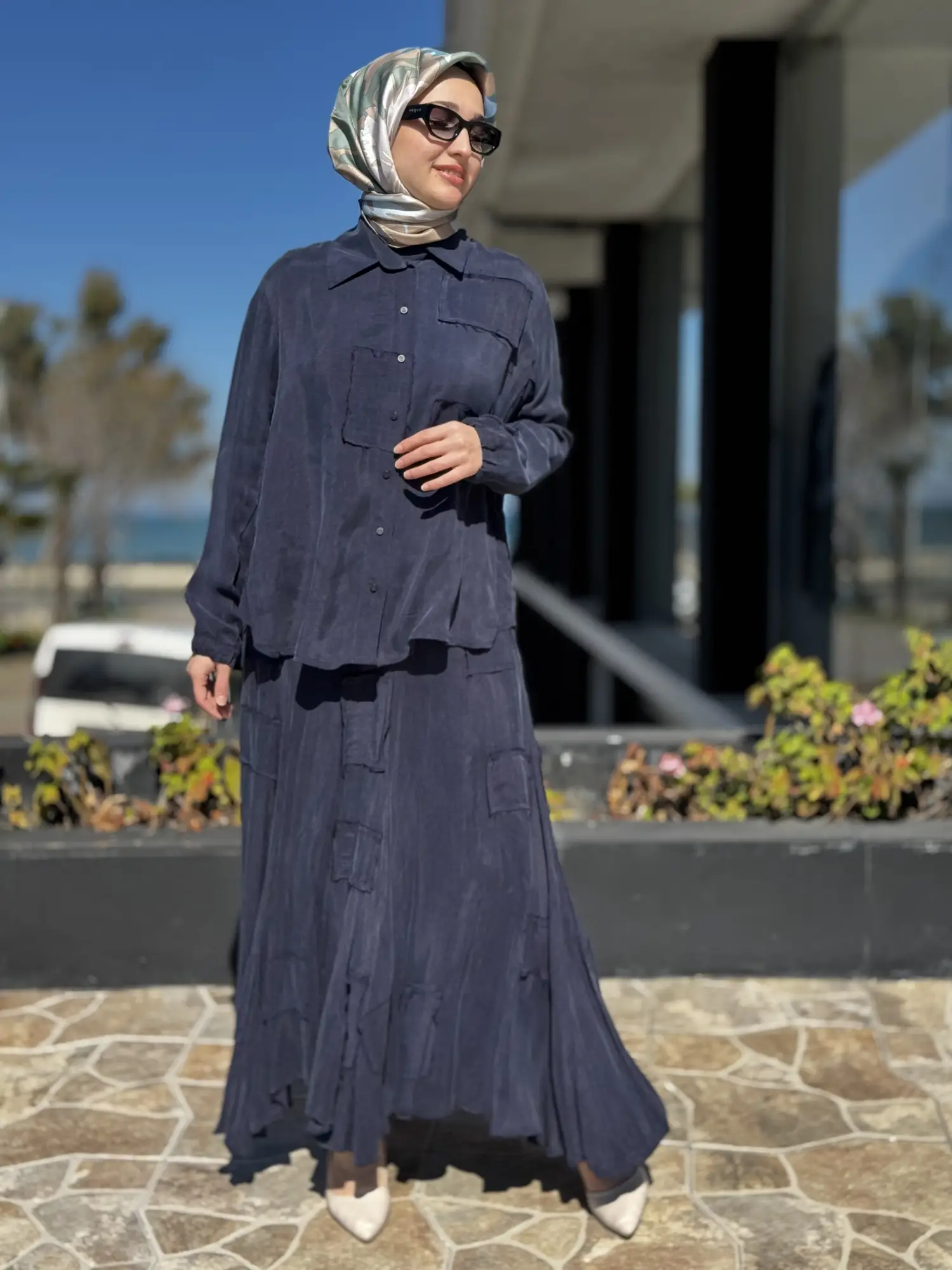 Misswhence Parça Kumaş Kombinli Cupra İpek Gömlek Etek Takım 39304