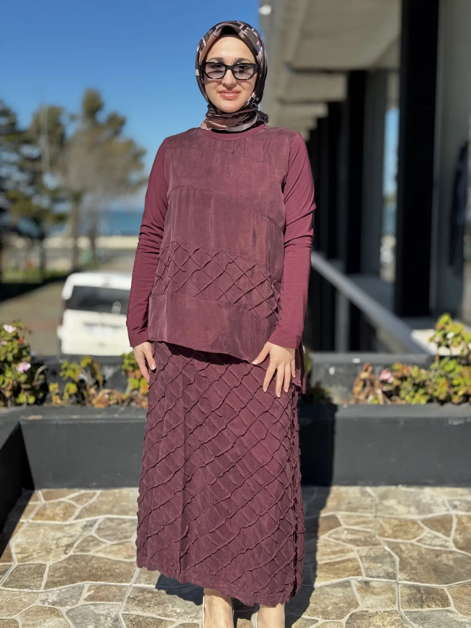 Misswhence Üç Boyutlu Dikiş Detaylı Cupra İpek Etek Bluz Takım 39002