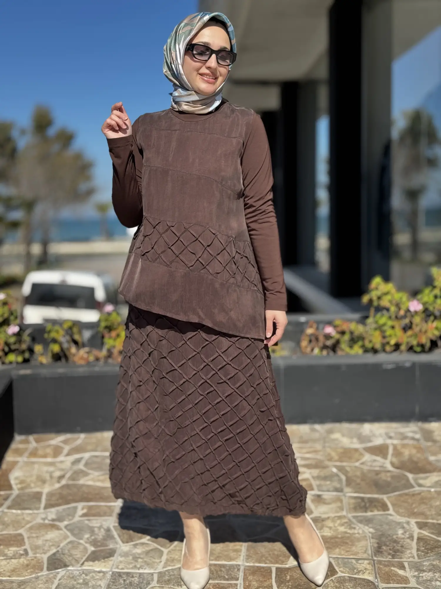 Misswhence Üç Boyutlu Dikiş Detaylı Cupra İpek Etek Bluz Takım 39002