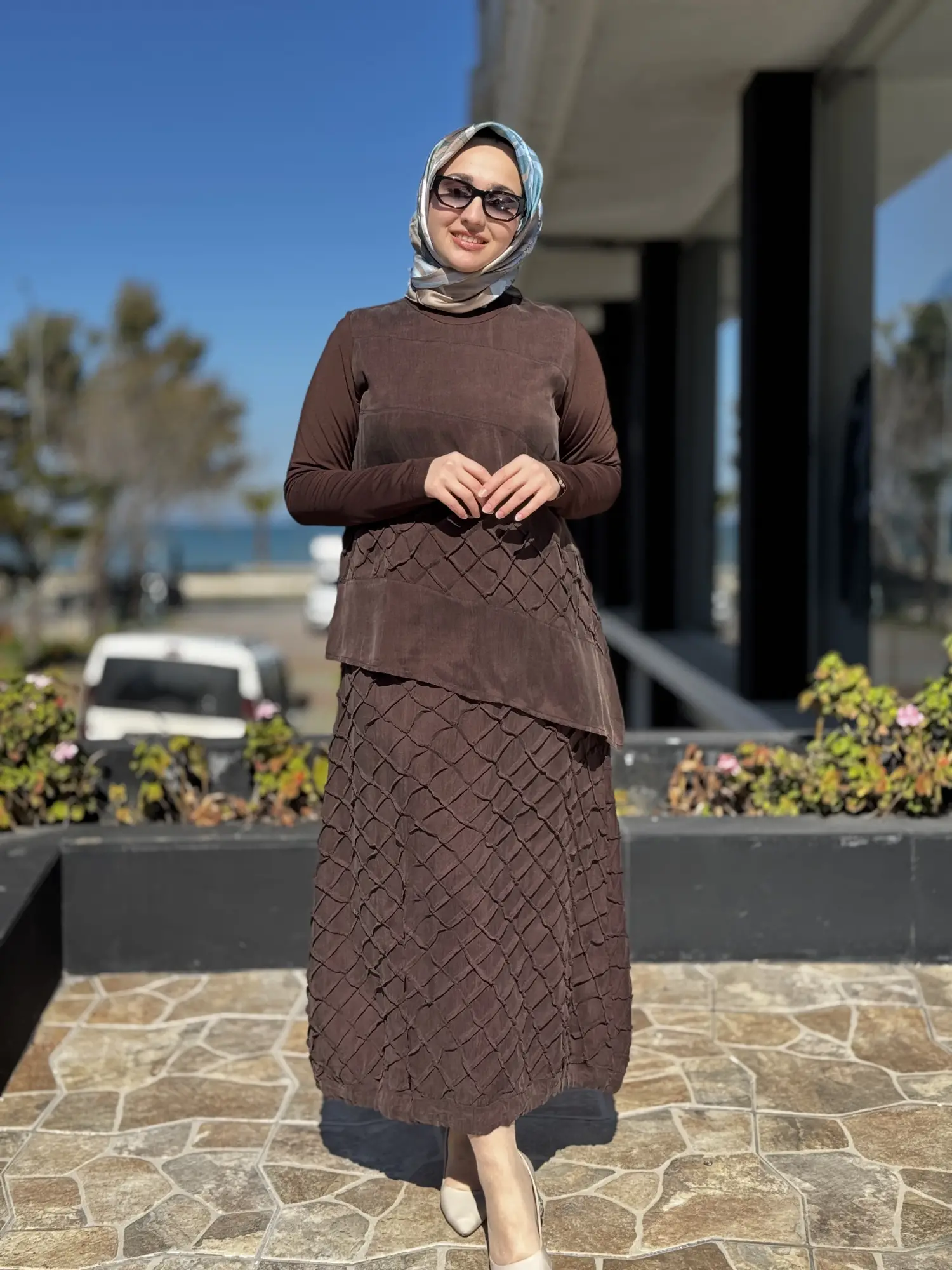 Misswhence Üç Boyutlu Dikiş Detaylı Cupra İpek Etek Bluz Takım 39002