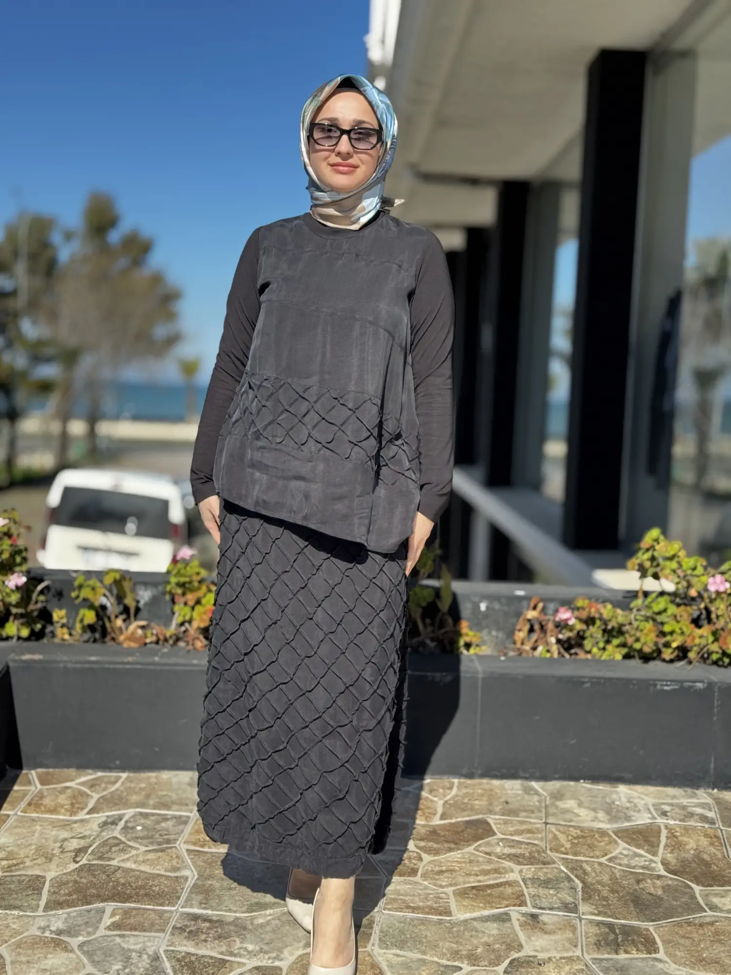 Misswhence Üç Boyutlu Dikiş Detaylı Cupra İpek Etek Bluz Takım 39002