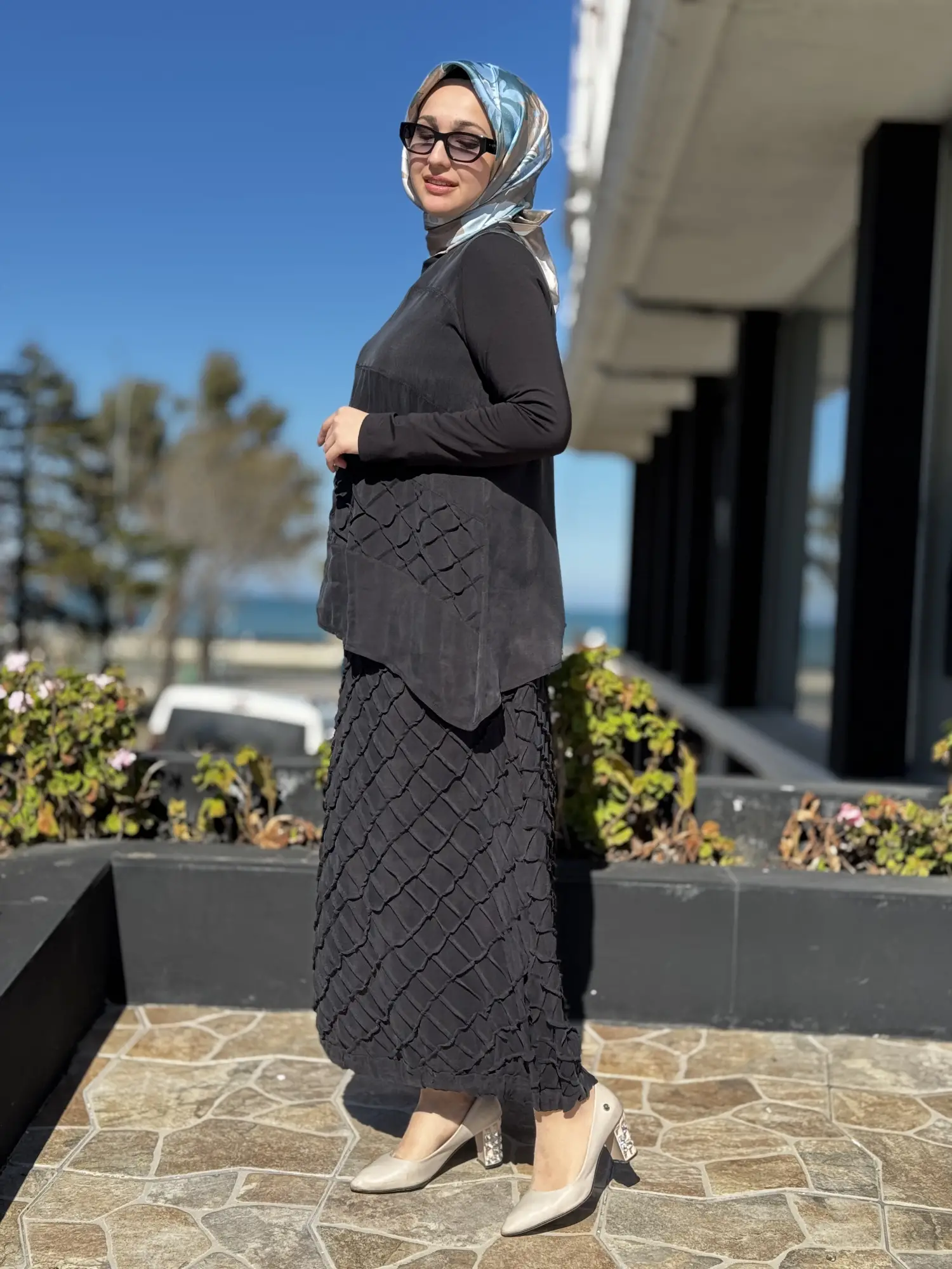 Misswhence Üç Boyutlu Dikiş Detaylı Cupra İpek Etek Bluz Takım 39002