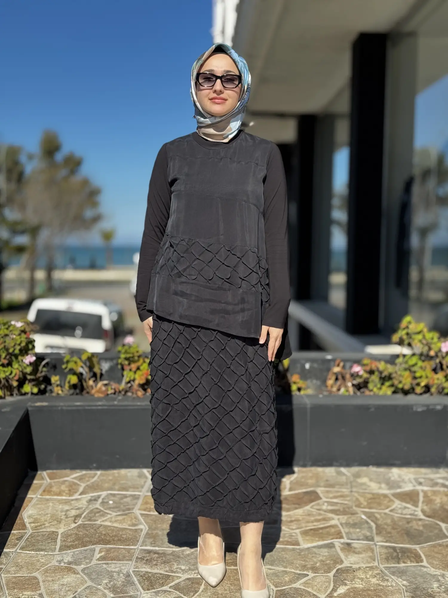 Misswhence Üç Boyutlu Dikiş Detaylı Cupra İpek Etek Bluz Takım 39002