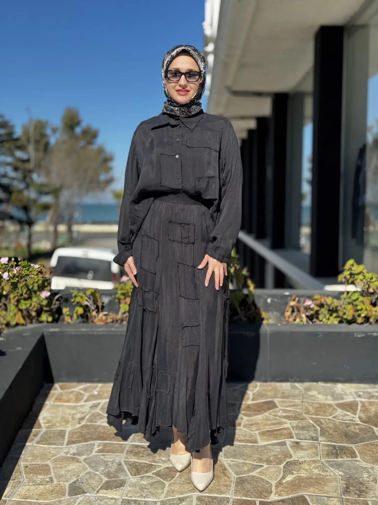 Misswhence Parça Kumaş Kombinli Cupra İpek Gömlek Etek Takım 39304