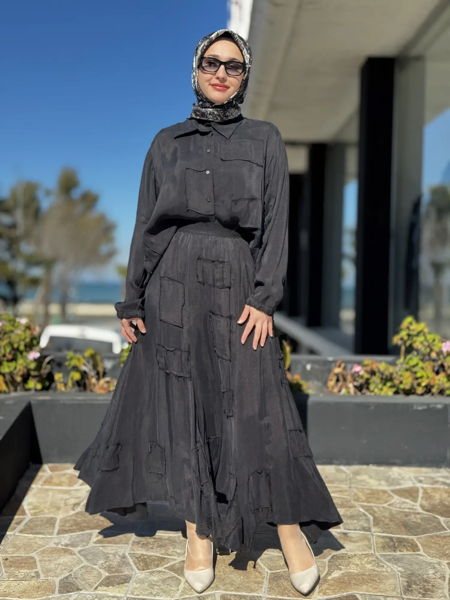 Misswhence Parça Kumaş Kombinli Cupra İpek Gömlek Etek Takım 39304