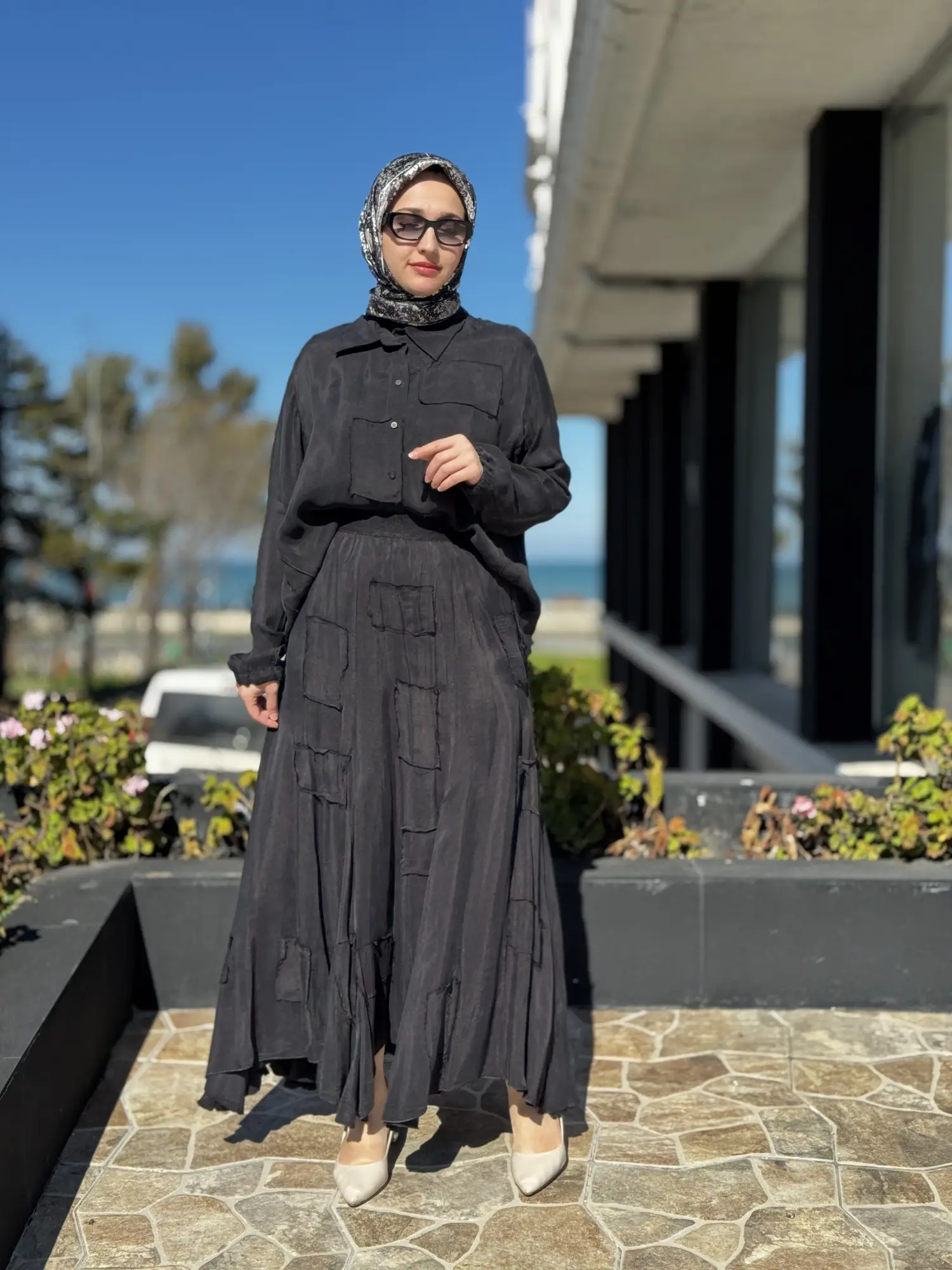 Misswhence Parça Kumaş Kombinli Cupra İpek Gömlek Etek Takım 39304