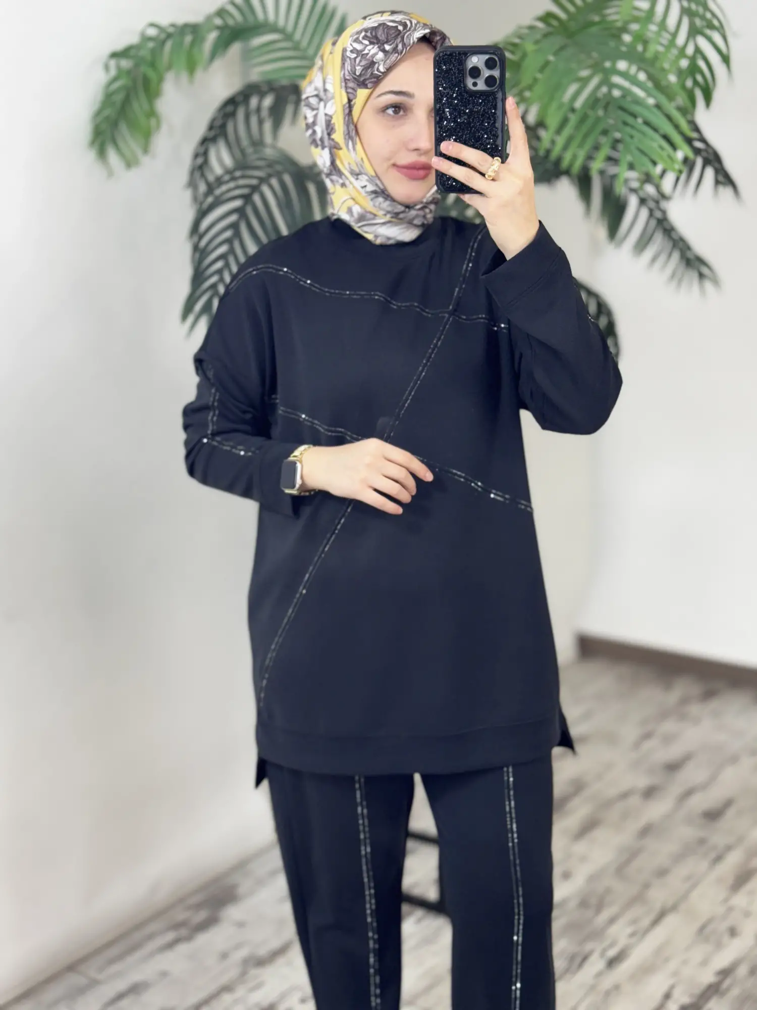 Tığ Triko Nervür ve Sıralı Taş Detaylı Tunik Pantolon Takım TKM5083