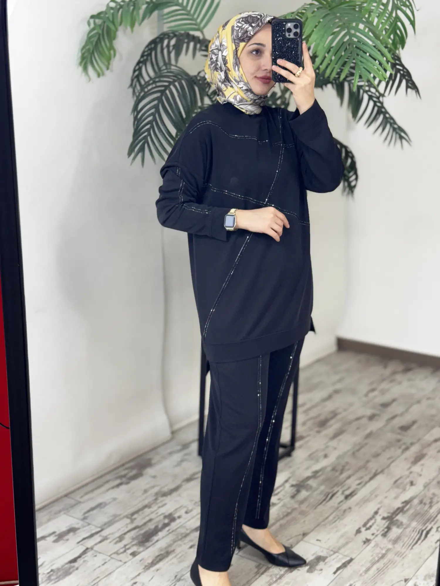 Tığ Triko Nervür ve Sıralı Taş Detaylı Tunik Pantolon Takım TKM5083