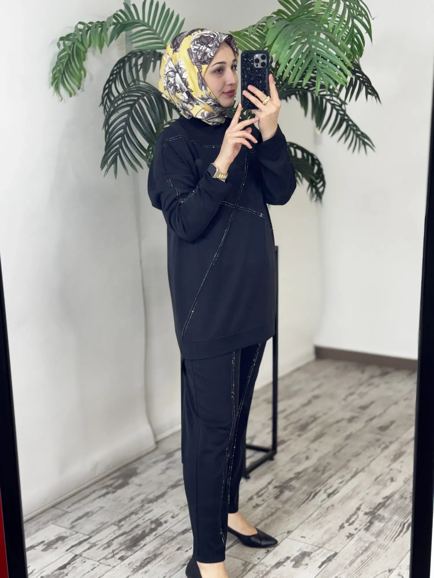 Tığ Triko Nervür ve Sıralı Taş Detaylı Tunik Pantolon Takım TKM5083