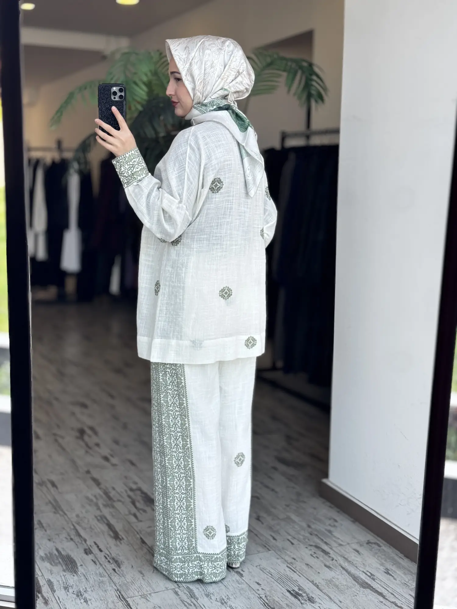 Qupra Etnik Desenli Keten Gömlek Pantolon Takım WAD12109