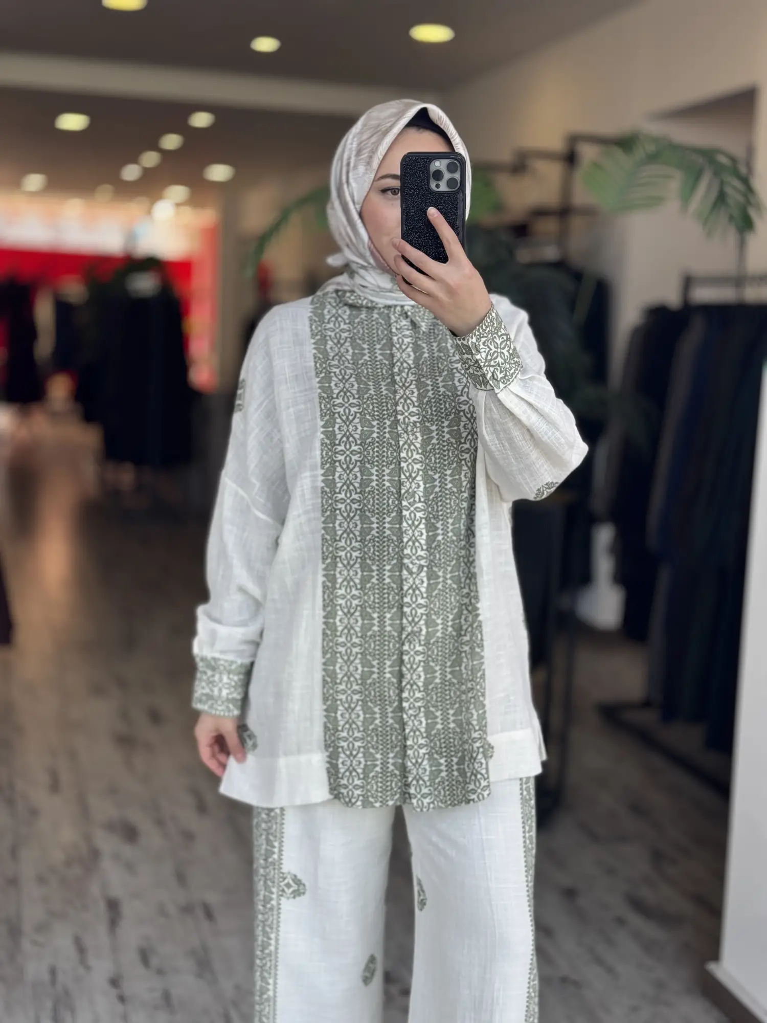 Qupra Etnik Desenli Keten Gömlek Pantolon Takım WAD12109