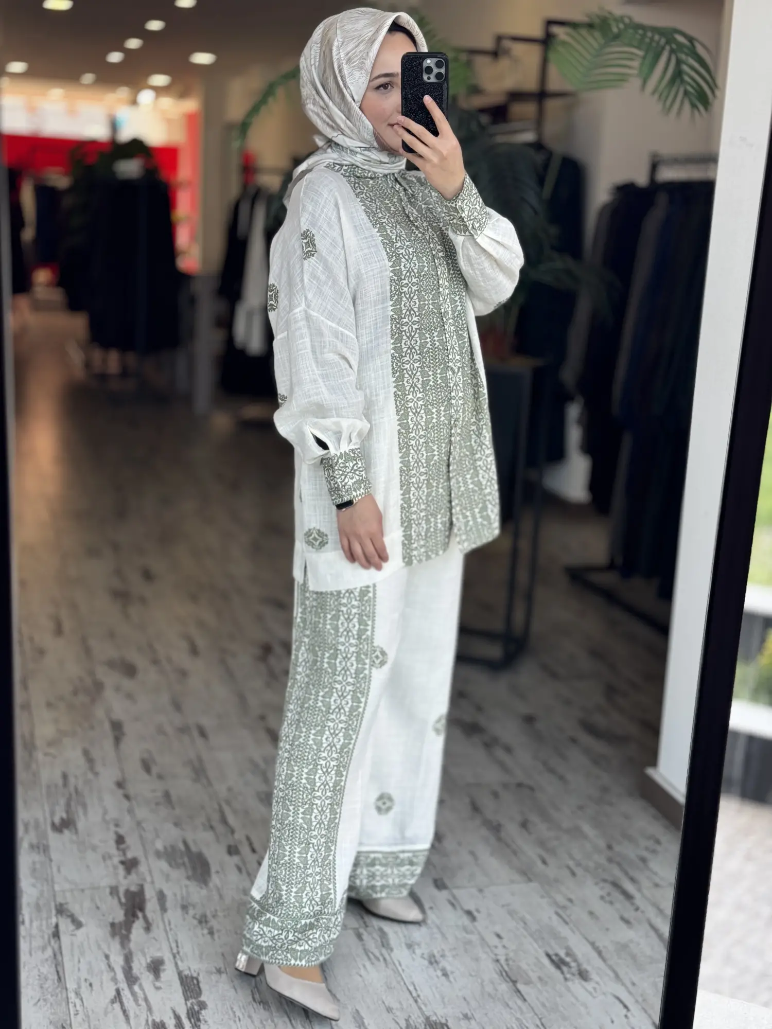 Qupra Etnik Desenli Keten Gömlek Pantolon Takım WAD12109