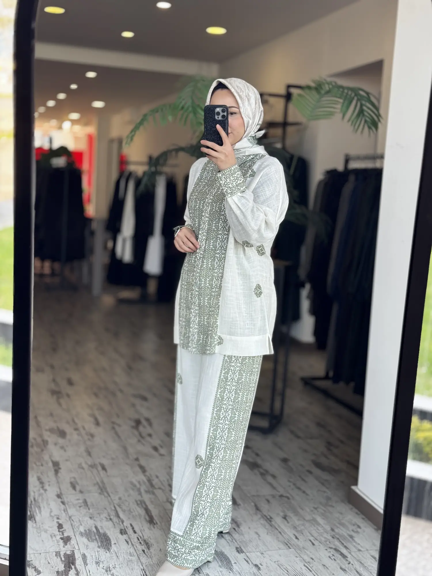 Qupra Etnik Desenli Keten Gömlek Pantolon Takım WAD12109