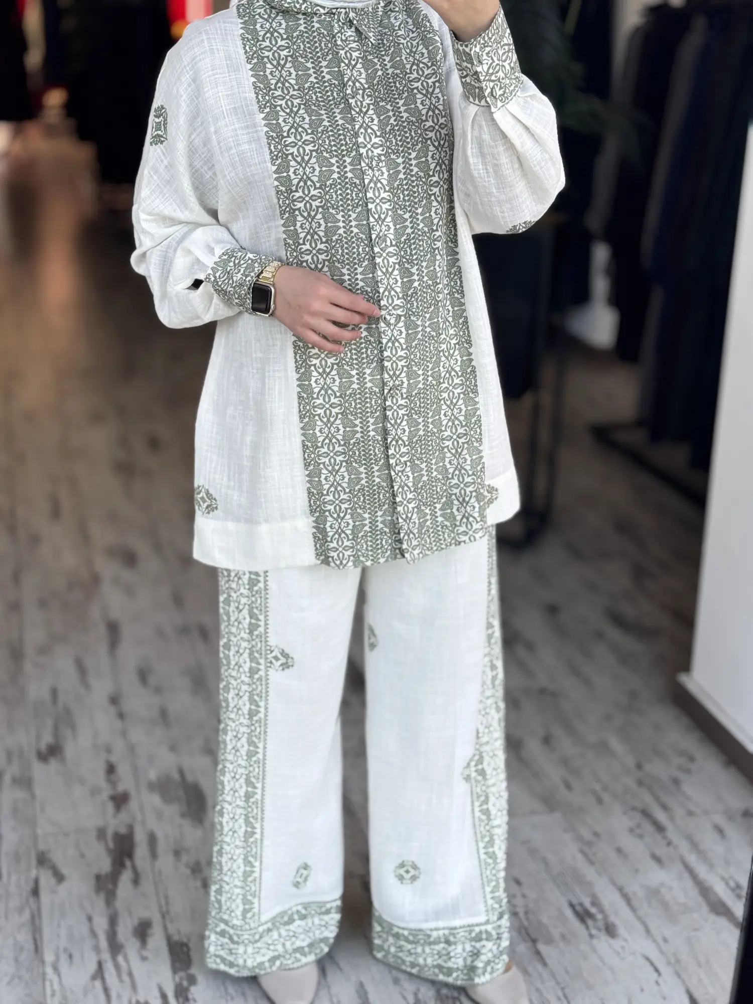 Qupra Etnik Desenli Keten Gömlek Pantolon Takım WAD12109