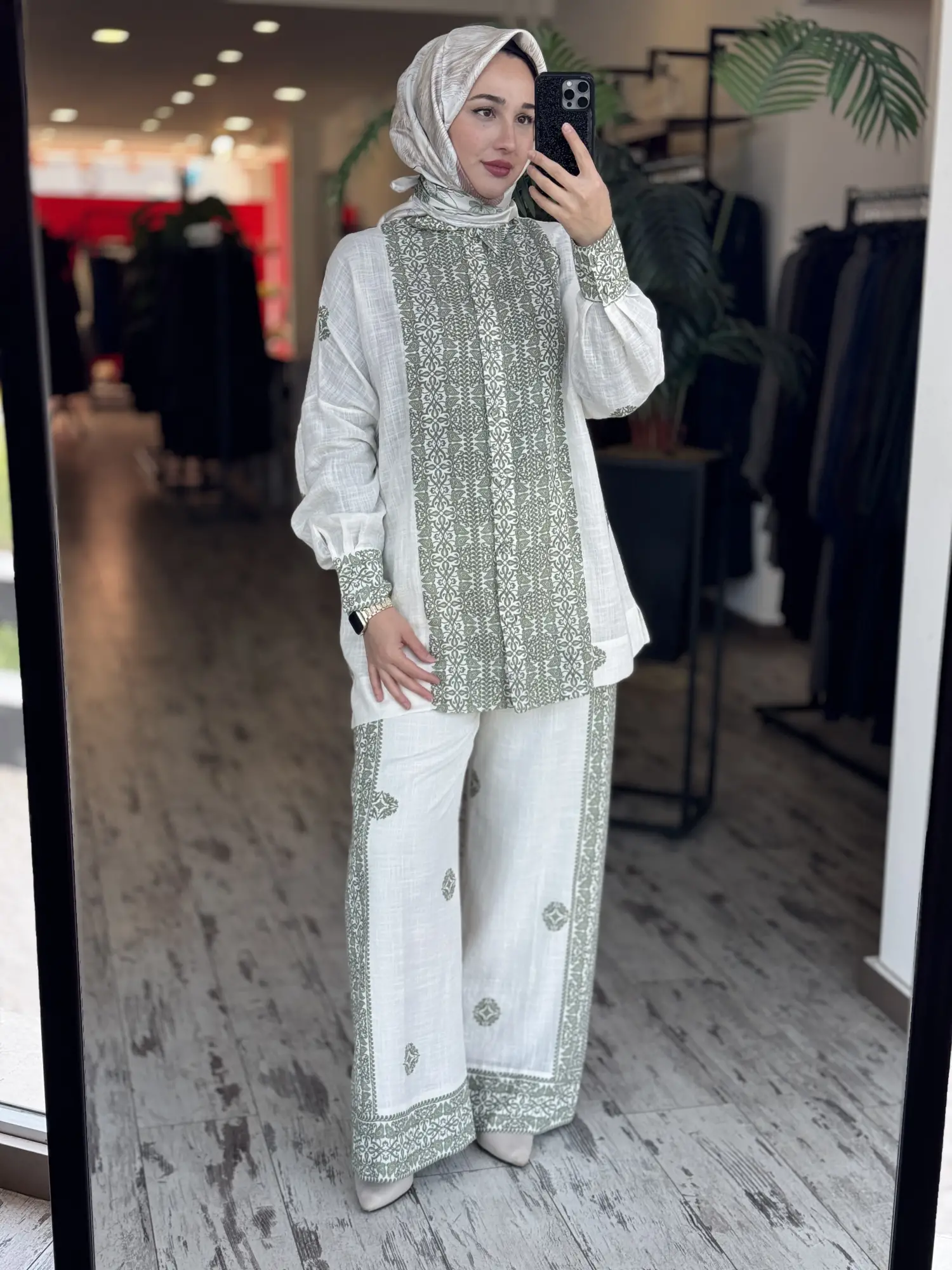 Qupra Etnik Desenli Keten Gömlek Pantolon Takım WAD12109