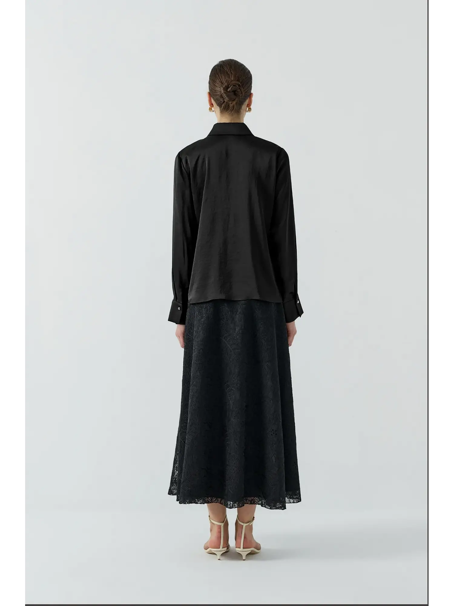 Clande Şık Saten Gömlek Güpürlü Etek Takım