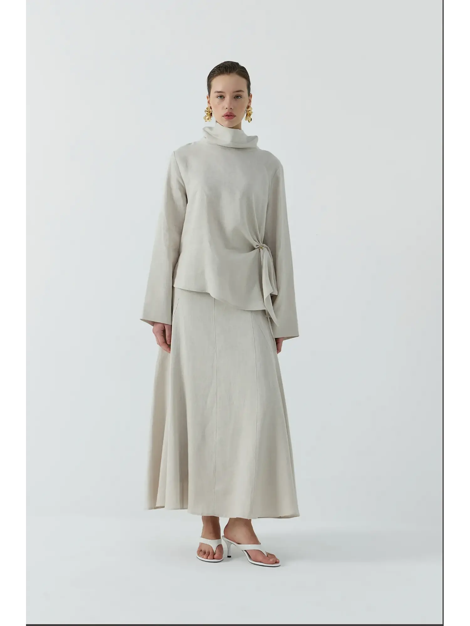 Clande Büzgü Detaylı Asimetrik Keten Etek Bluz Takım