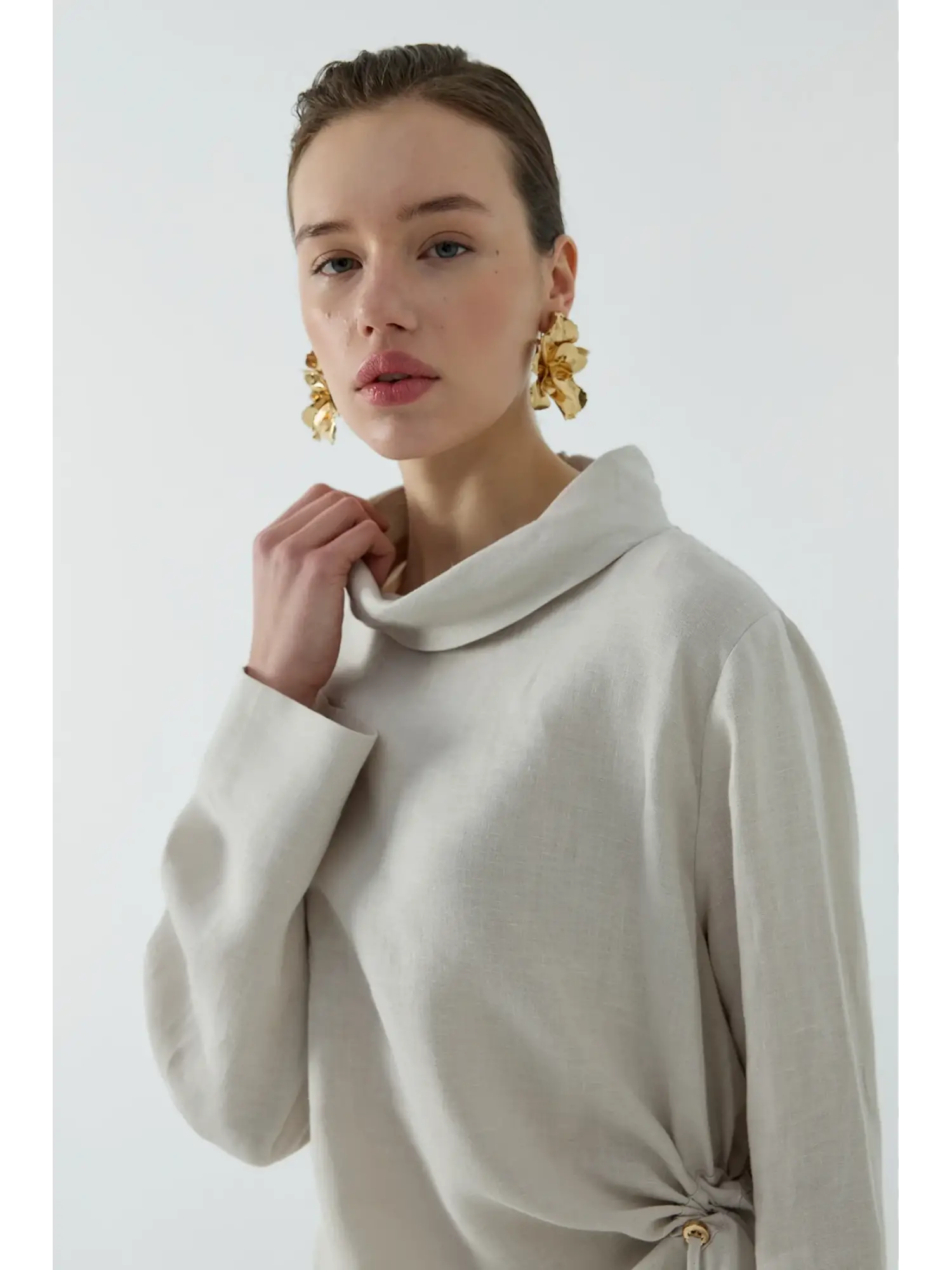 Clande Büzgü Detaylı Asimetrik Keten Etek Bluz Takım