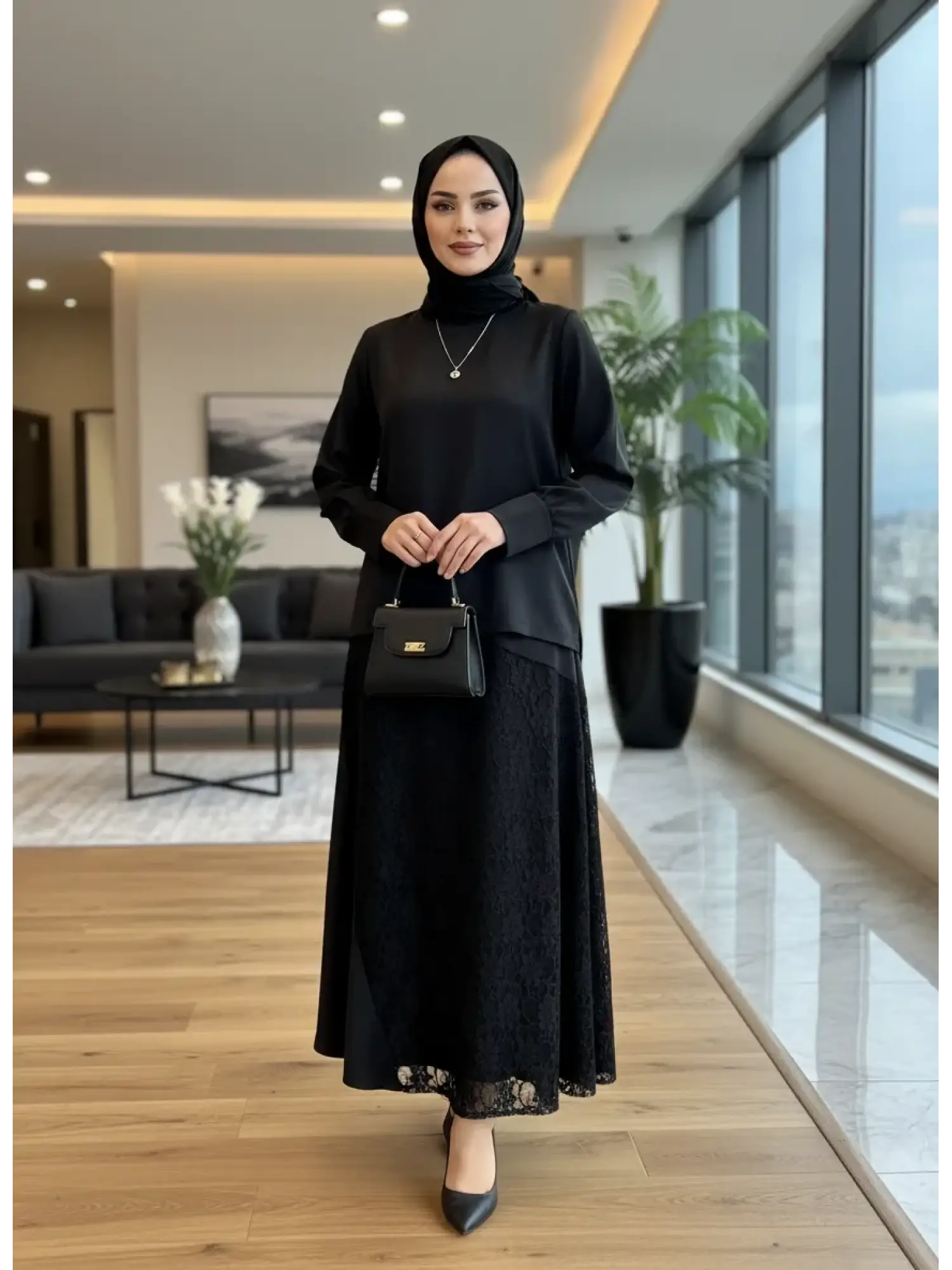 Zems Güpürlü Saten Etek Bluz Takım 2T079