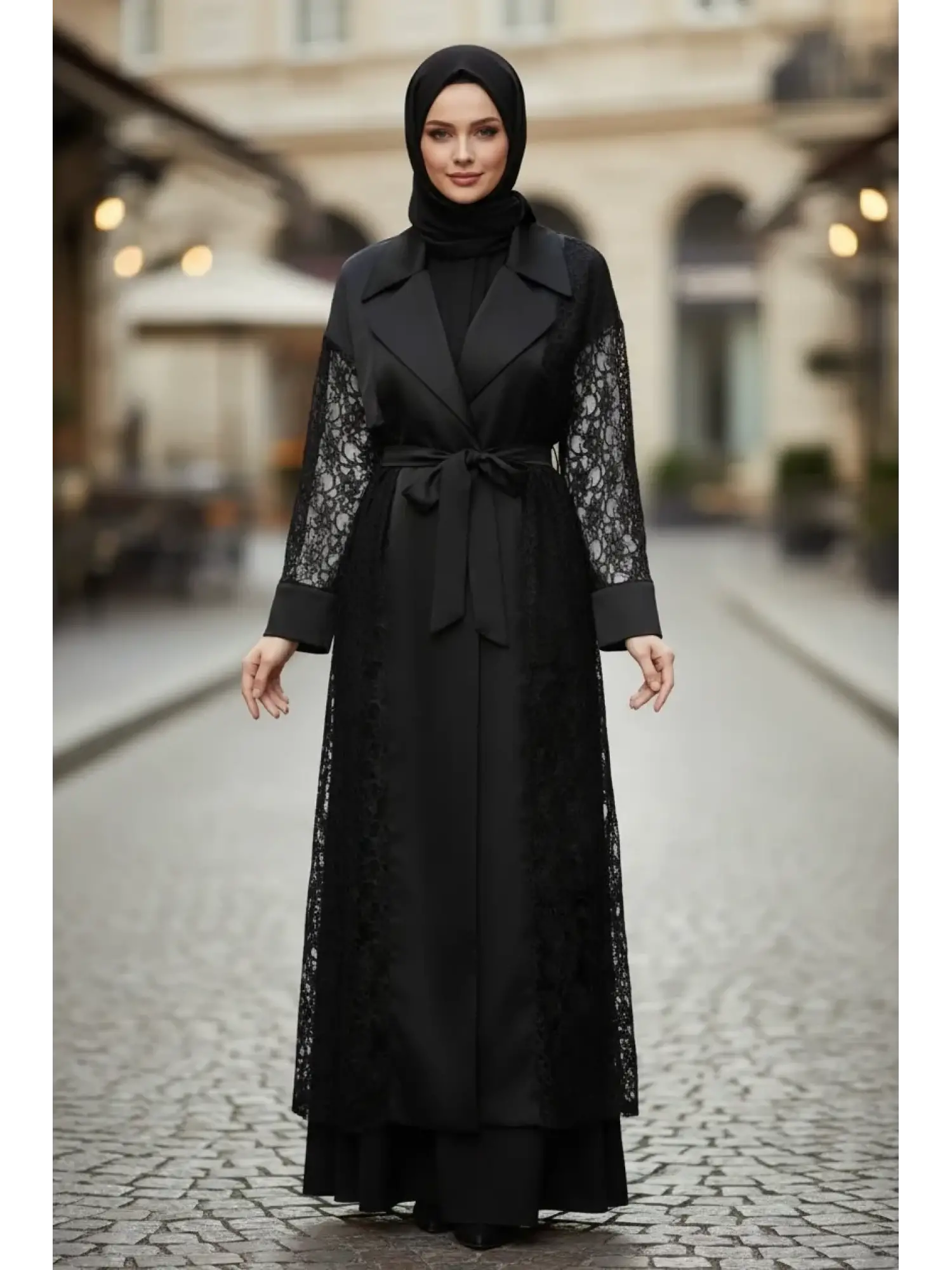 Zems Güpür ve Saten Kombinli Çık Abaya 2802