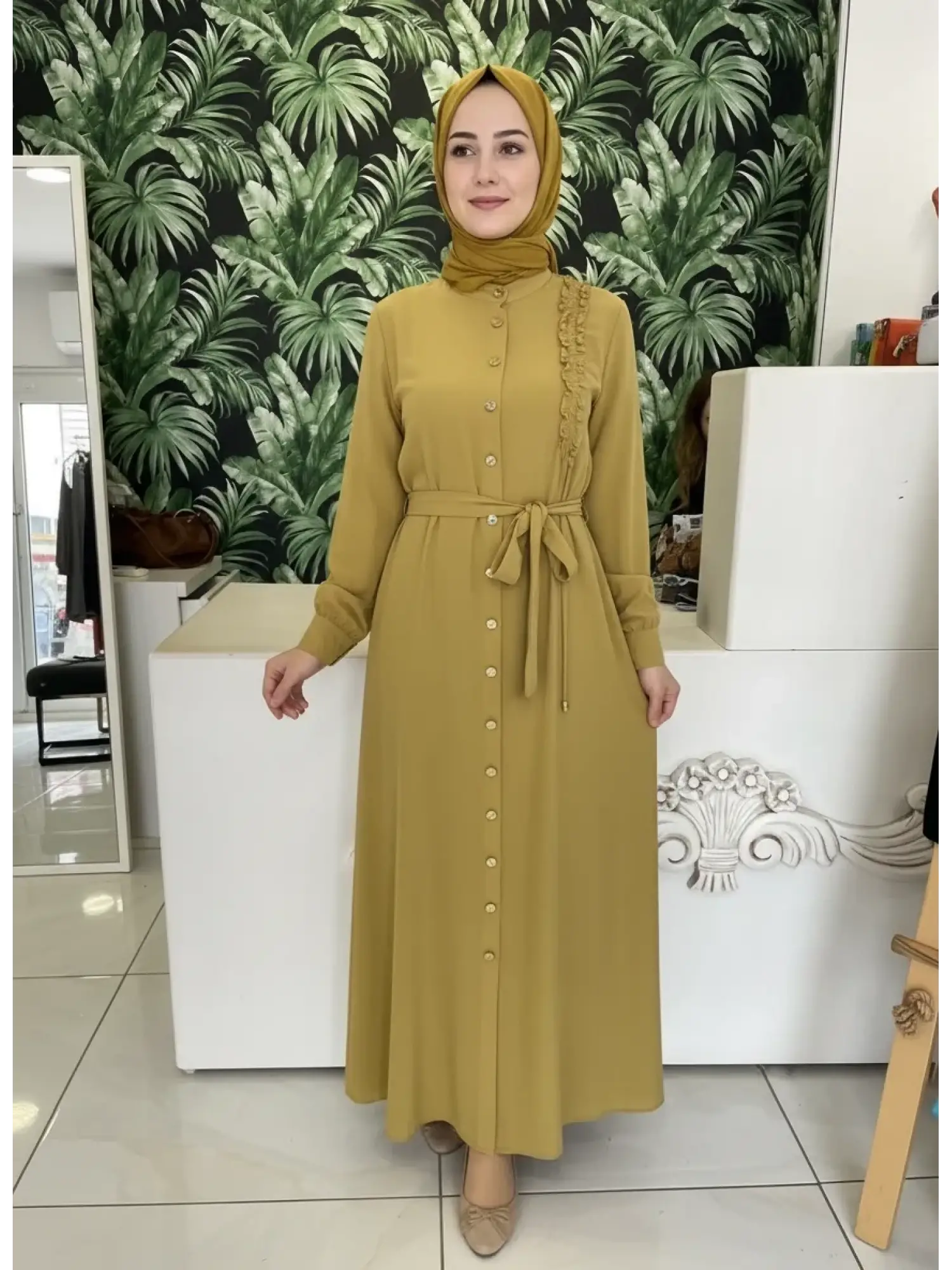 Clande Önü Düğmeli Cupra İpek Elbise