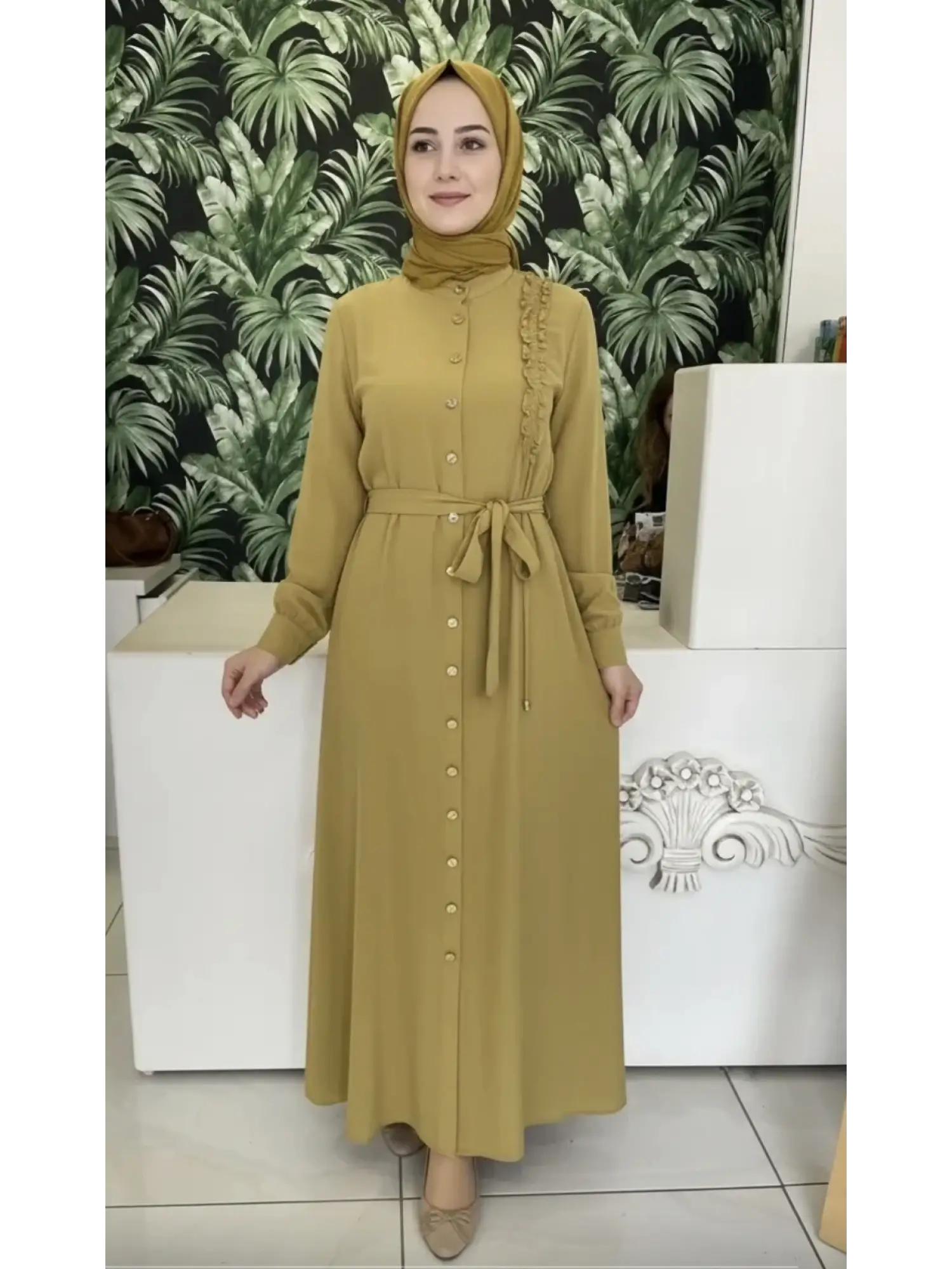 Clande Önü Düğmeli Cupra İpek Elbise