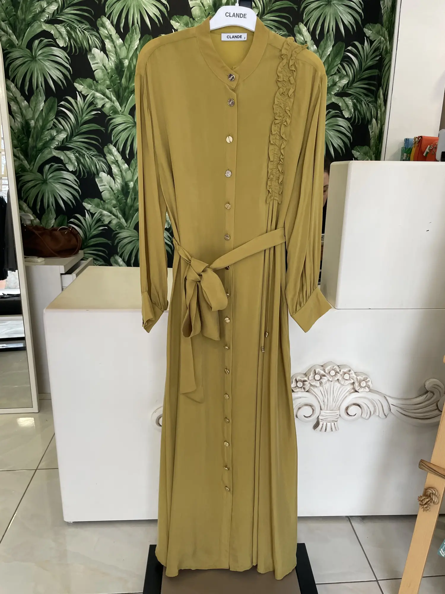 Clande Önü Düğmeli Cupra İpek Elbise