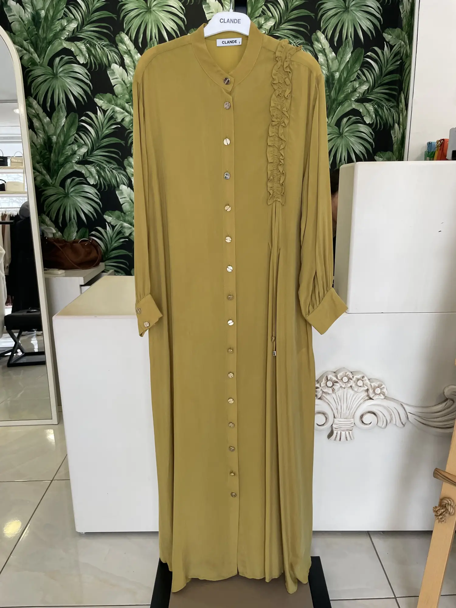 Clande Önü Düğmeli Cupra İpek Elbise