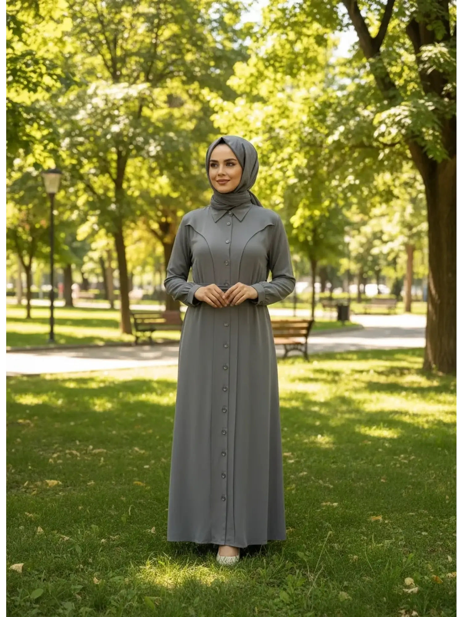 Clande Önü Düğmeli Cepli Cupra İpek Elbise / Ferace