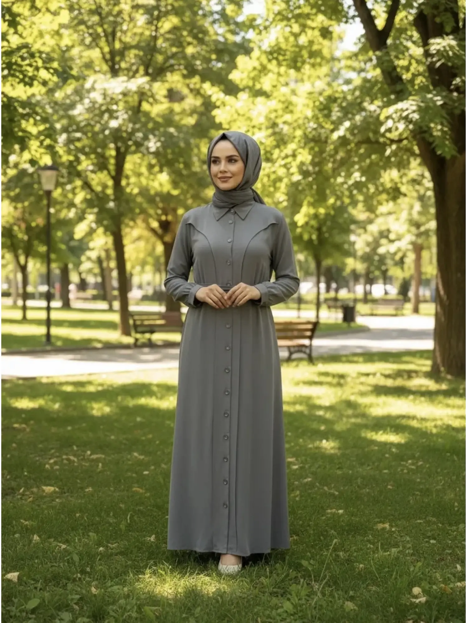 Clande Önü Düğmeli Cepli Cupra İpek Elbise / Ferace